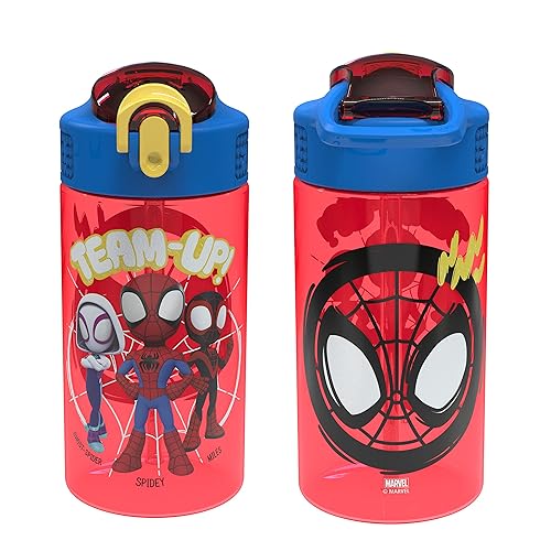 Zak Designs Marvel Spider-Man Kids Water Bottle with Spout Cover and Carrying Loop  Durable Plastic  Leak-Proof Design for Travel (16 oz  2-Pack  Spidey and His Amazing Friends)