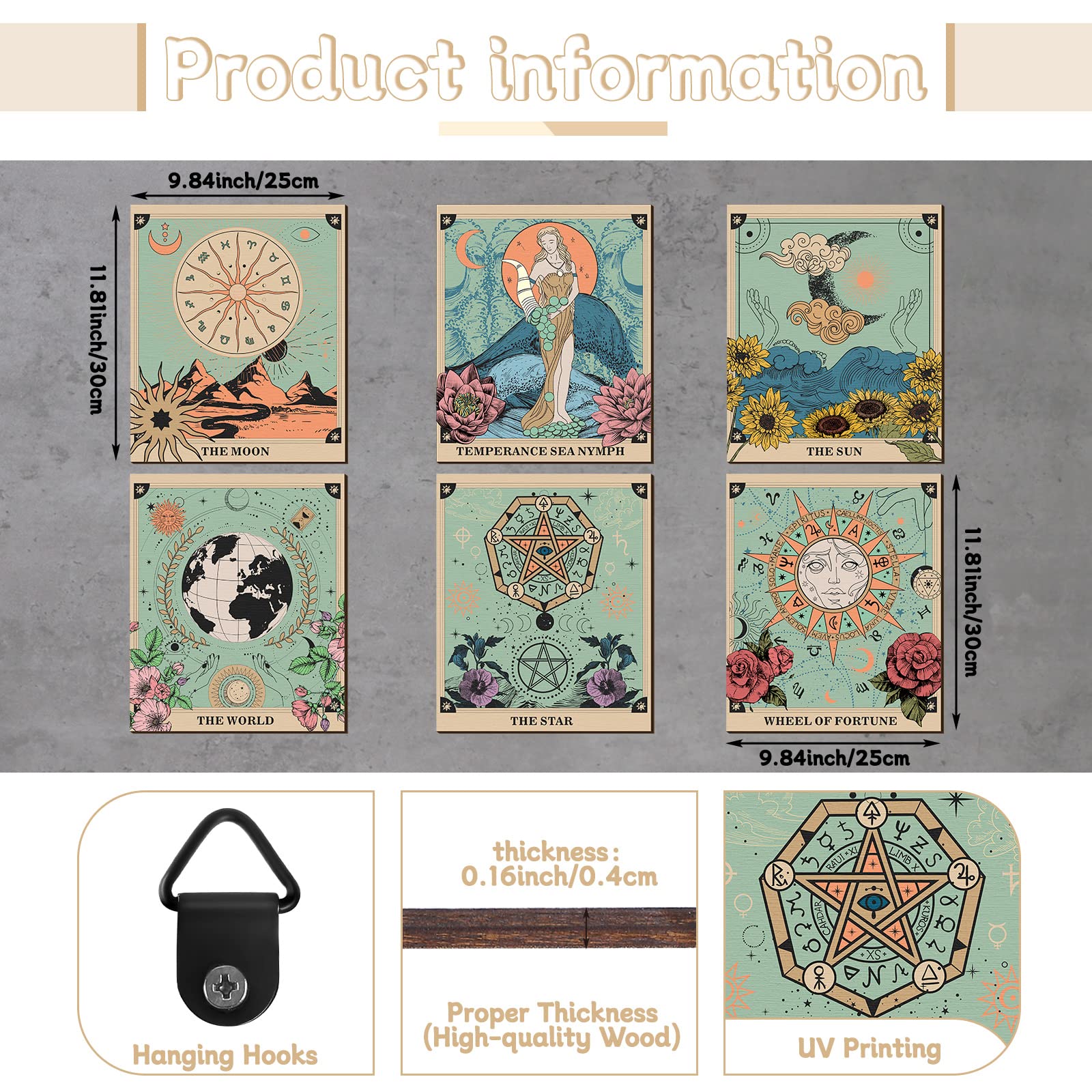 6 Pieces Tarot Cards Sun Moon and Star Tarot Wall Decor Vintage Wall Art Bohemian Witchy Print Posters Aesthetic Gothic Minimalist Wall Pediments Hanging for Bedroom Living Room Decorations