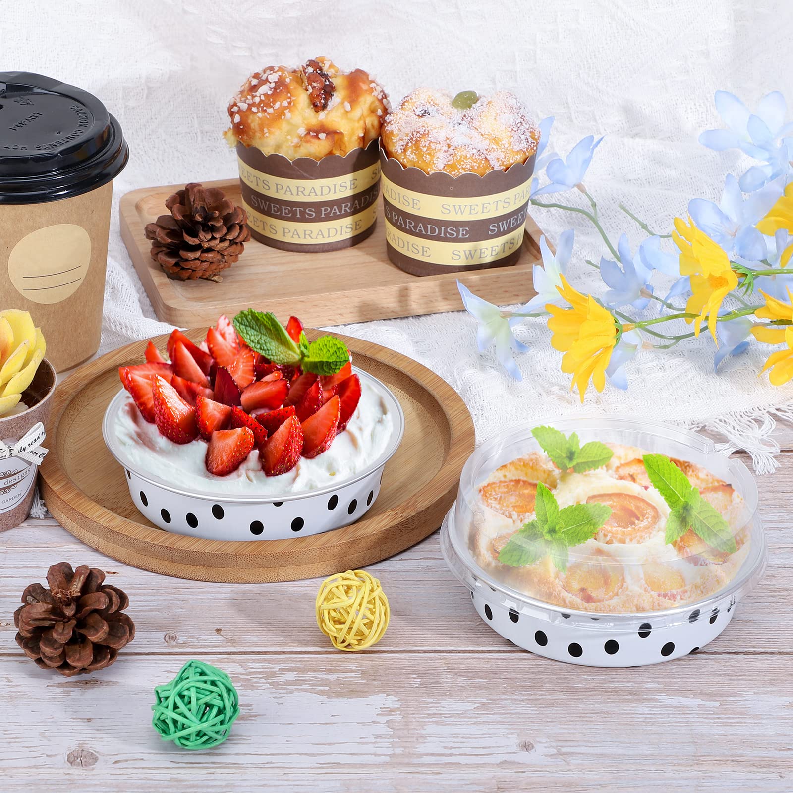 Beasea Mini Tart Pans with Lids 100 Pack  4? 8oz Disposable Aluminum Baking Foil Tins Round Small White Black Dot Container for Individual Cupcake Dessert Muffin Ramekin Cheesecake Quiche Oven Dishes
