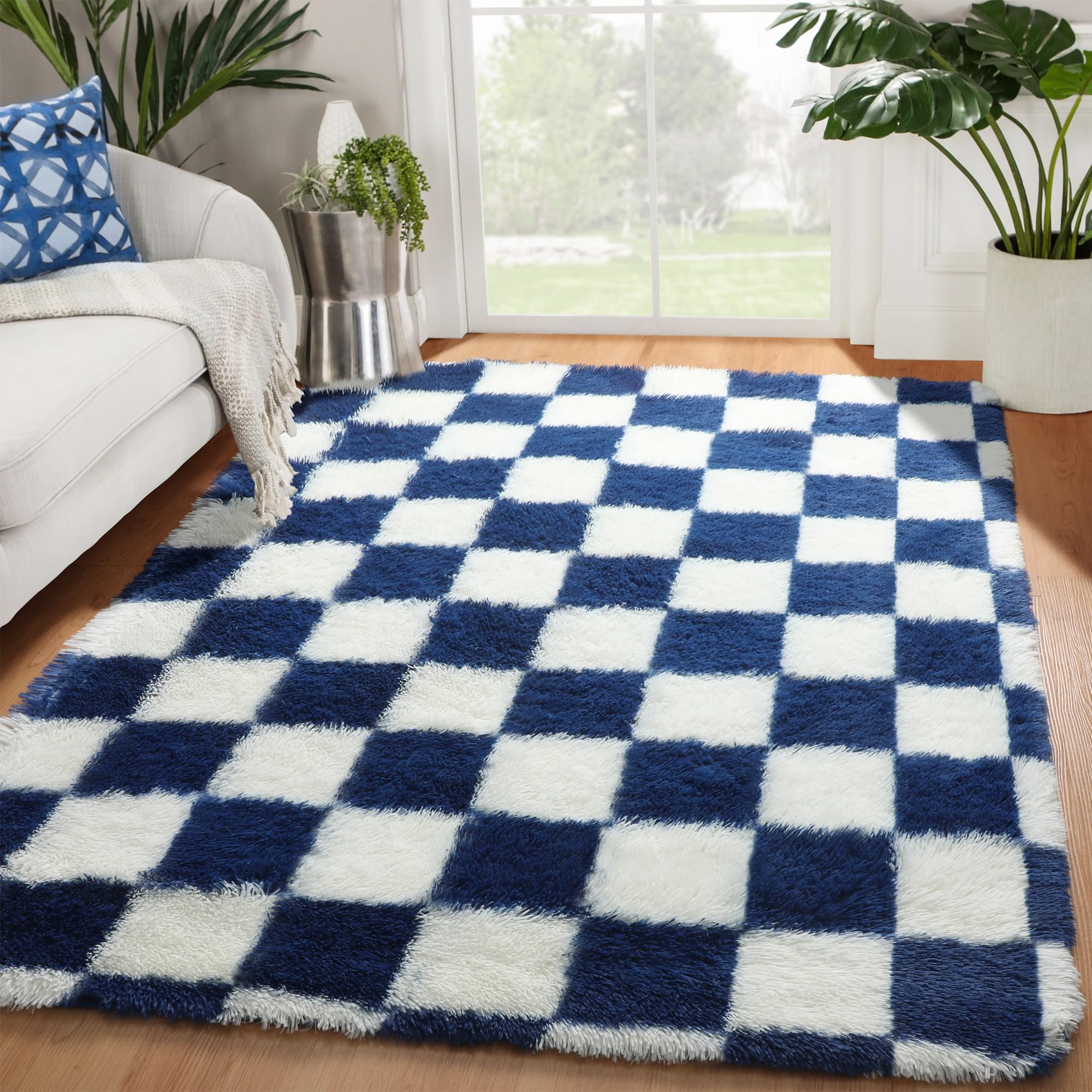 KICMOR Navy Blue and Cream White Rugs for Living Room, 4x6 Fluffy Fuzzy Shag Checkered Rug Shaggy Carpet for Bedroom, Soft Plush