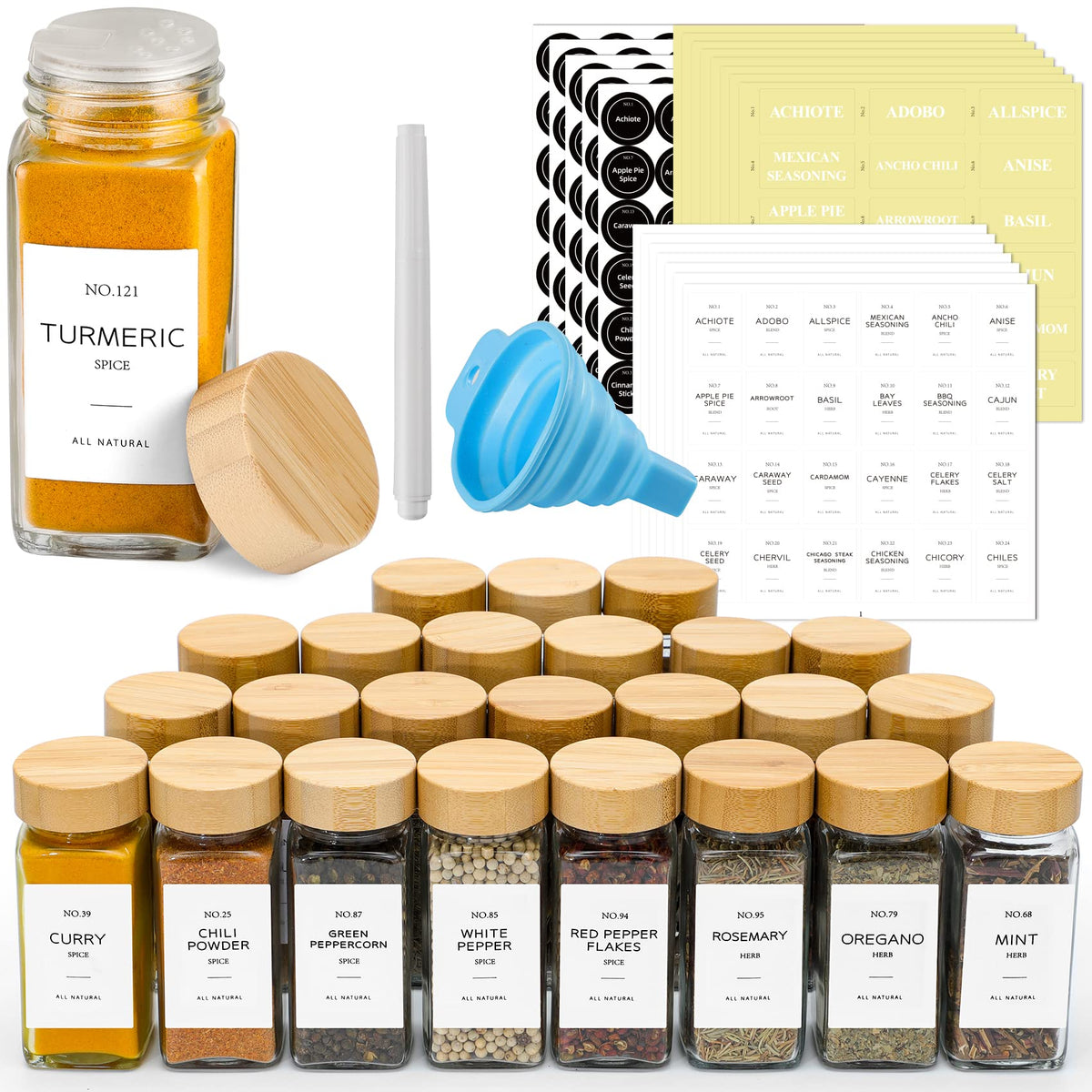 Netany 24 Pcs Glass Spice Jars With Bamboo Lids, 4 Oz Glass Jars With Minimalist Farmhouse Spice Labels Stickers, Collapsible Fu