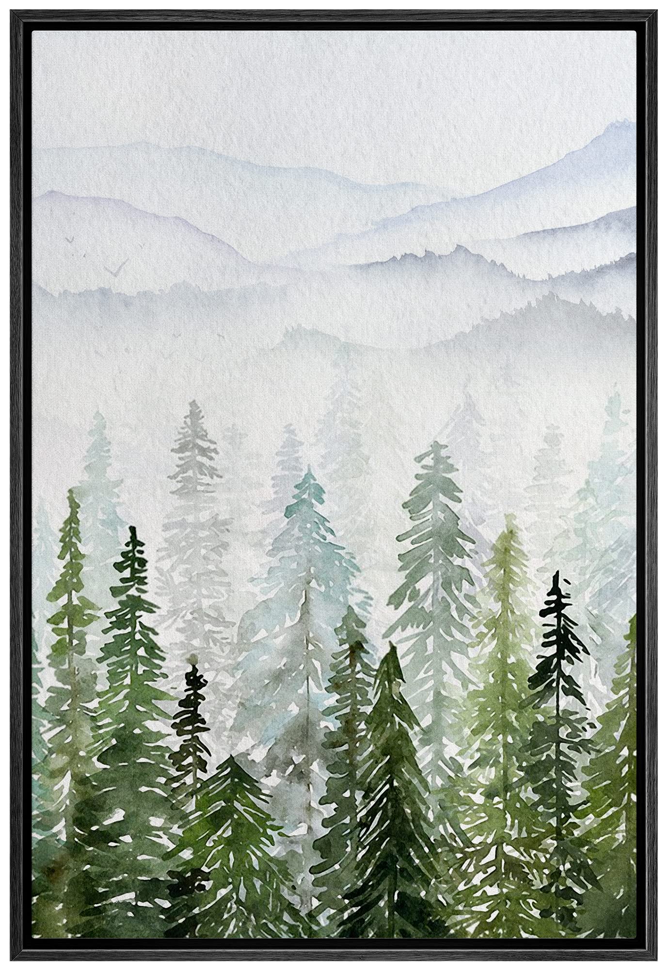 Signwin Framed Canvas Print Wall Art Woodland Nursery Decor Pastel Watercolor Pine Tree Mountain Nature Modern Art Decorative La