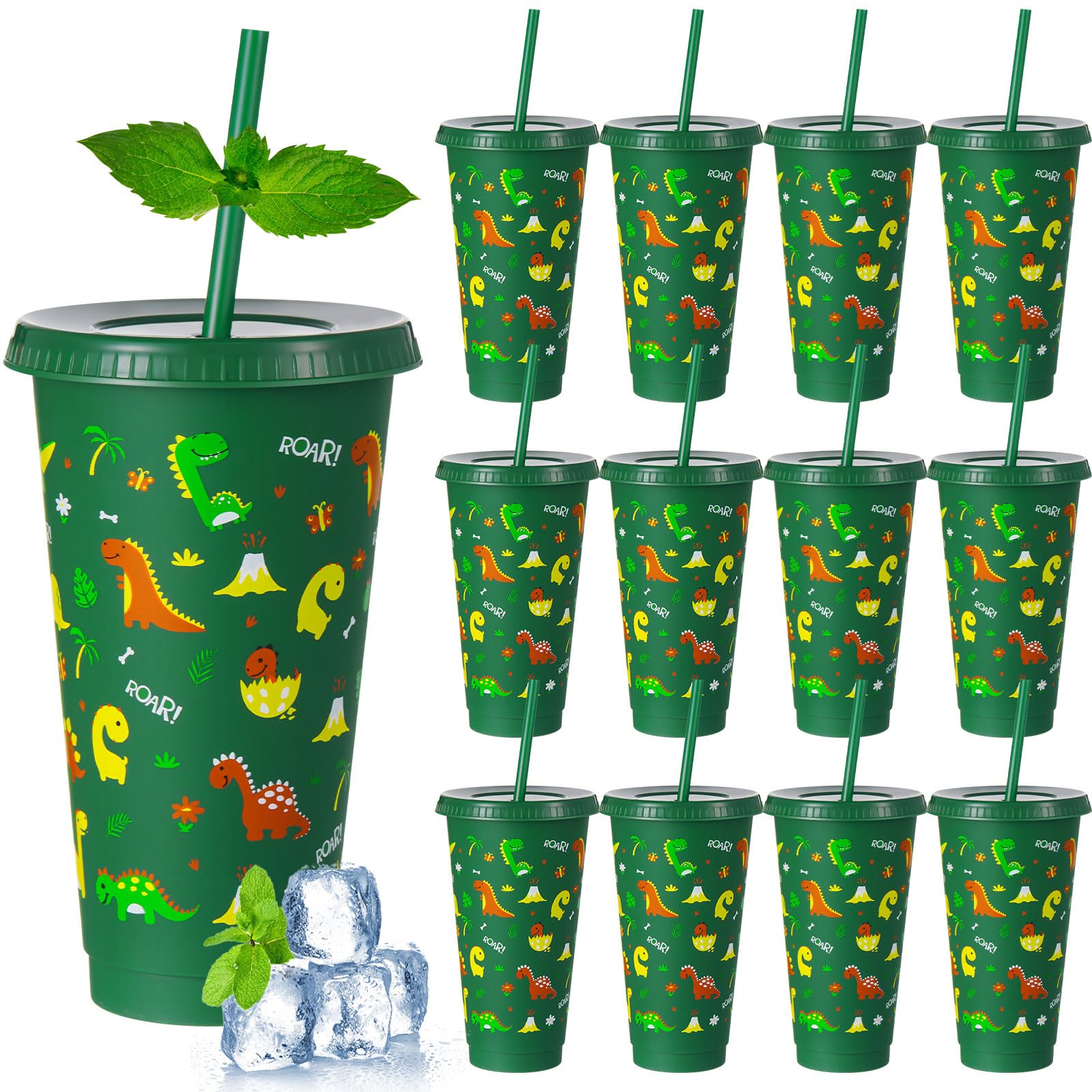 Uiifan 12 Pcs Plastic Dinosaur Cups for Kids 24oz Reusable Dino Tumbler with Lid and Straw Dino Party Favors Drinking Cups for K