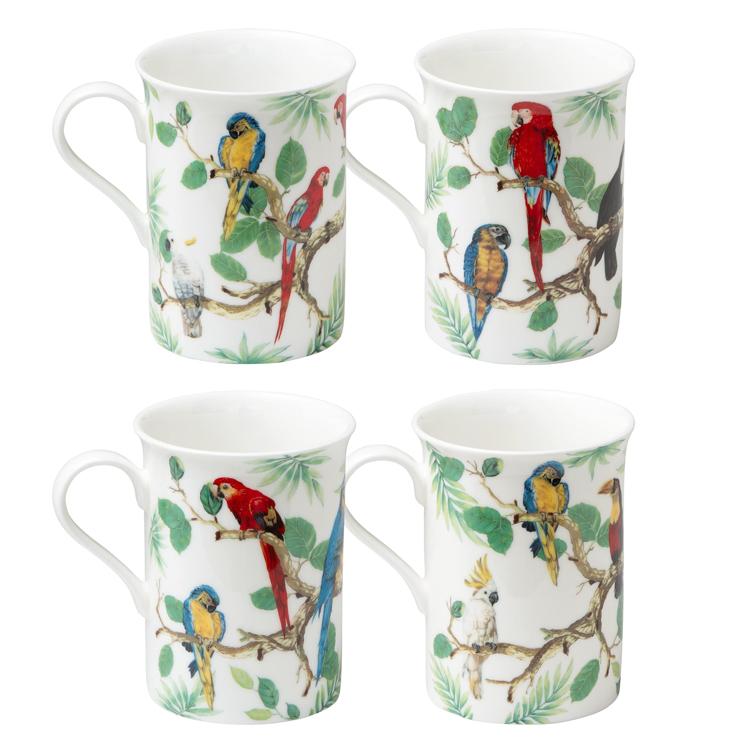 Gracie Bone China 4 Tropical Parrots And Toucans Mugs, Set Of 4