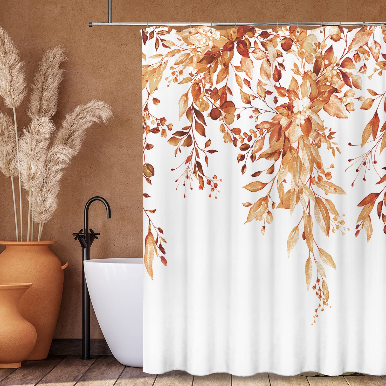 Tititex Orange Eucalyptus Shower Curtain Sets, Watercolor Leaves On The Top Plant With Floral Bathroom Decoration 60X72 Inch Wit