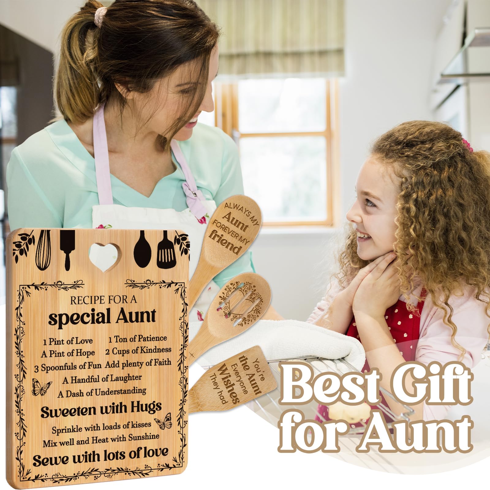 Gifts for Aunt -  Recipe for a Special Aunt  Aunt Birthday Gifts Cutting Board Set, Bamboo-Made Engraved Utensil Set, Aunt Chris