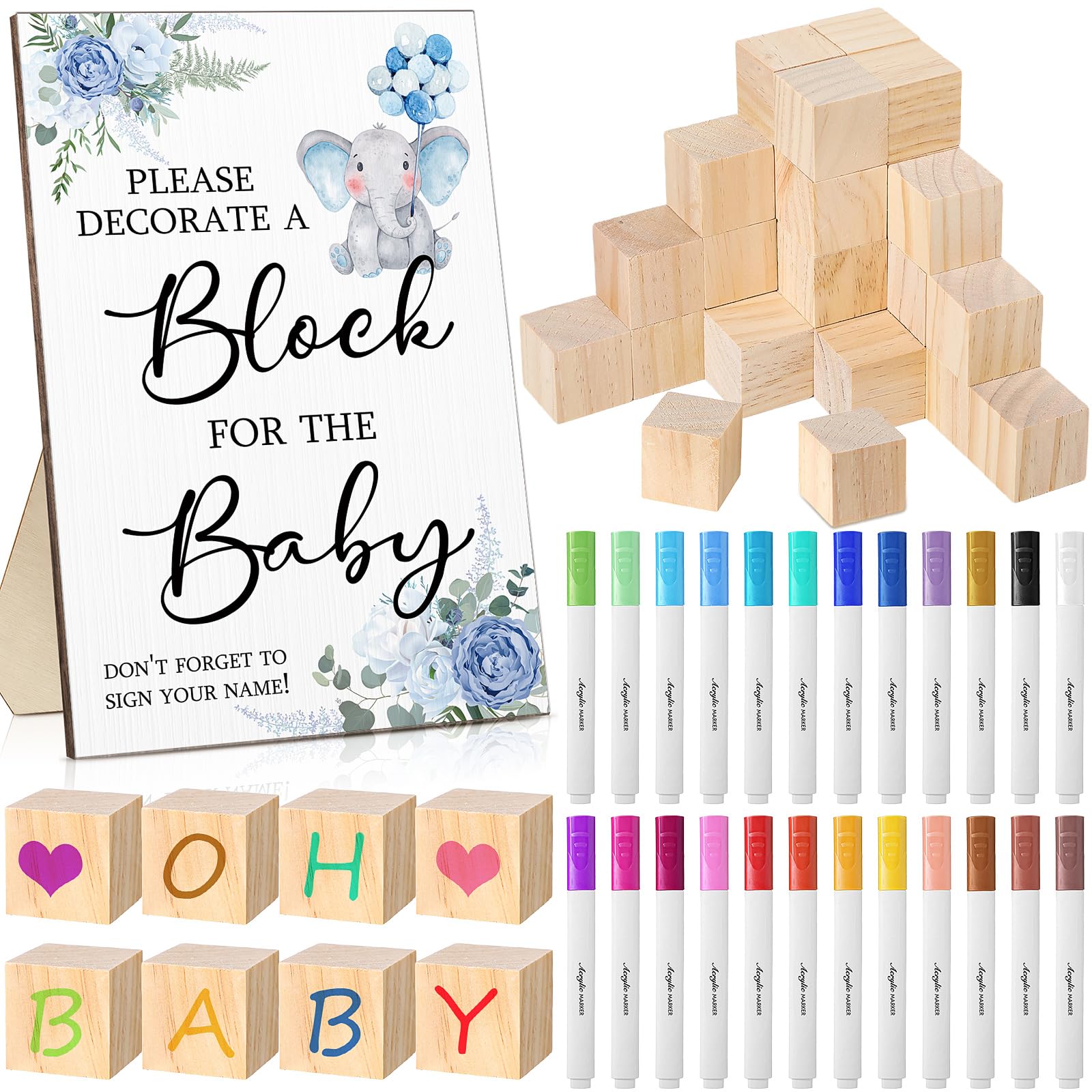 Tatuo 75 Pcs Baby Shower Games Sign Kit Including Decorate A Block Game Sign 50 Diy Blank Wooden Block 24 Acrylic Paint Marker B