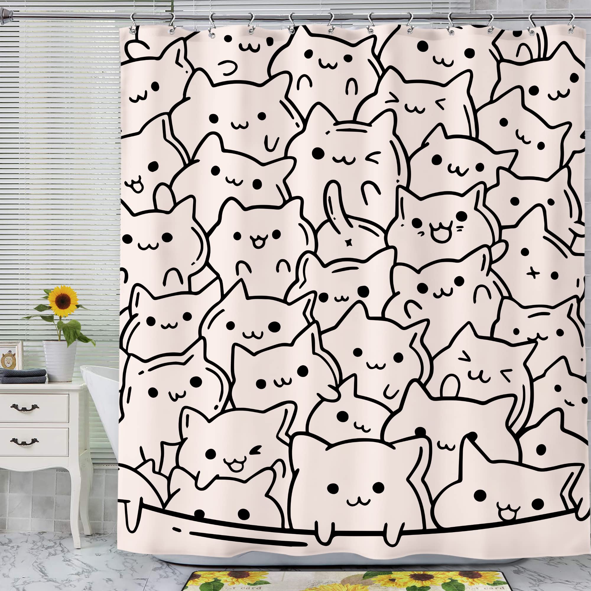 SVBright Funny Cats Shower Curtain 60Wx72L Inch Cute Pink Cartoon Kitty Kitten Animal Simple Line Humor for Kids Girls Lovely 12 Pack Hooks Polyester Waterproof Fabric Bathroom Bathtub Panels