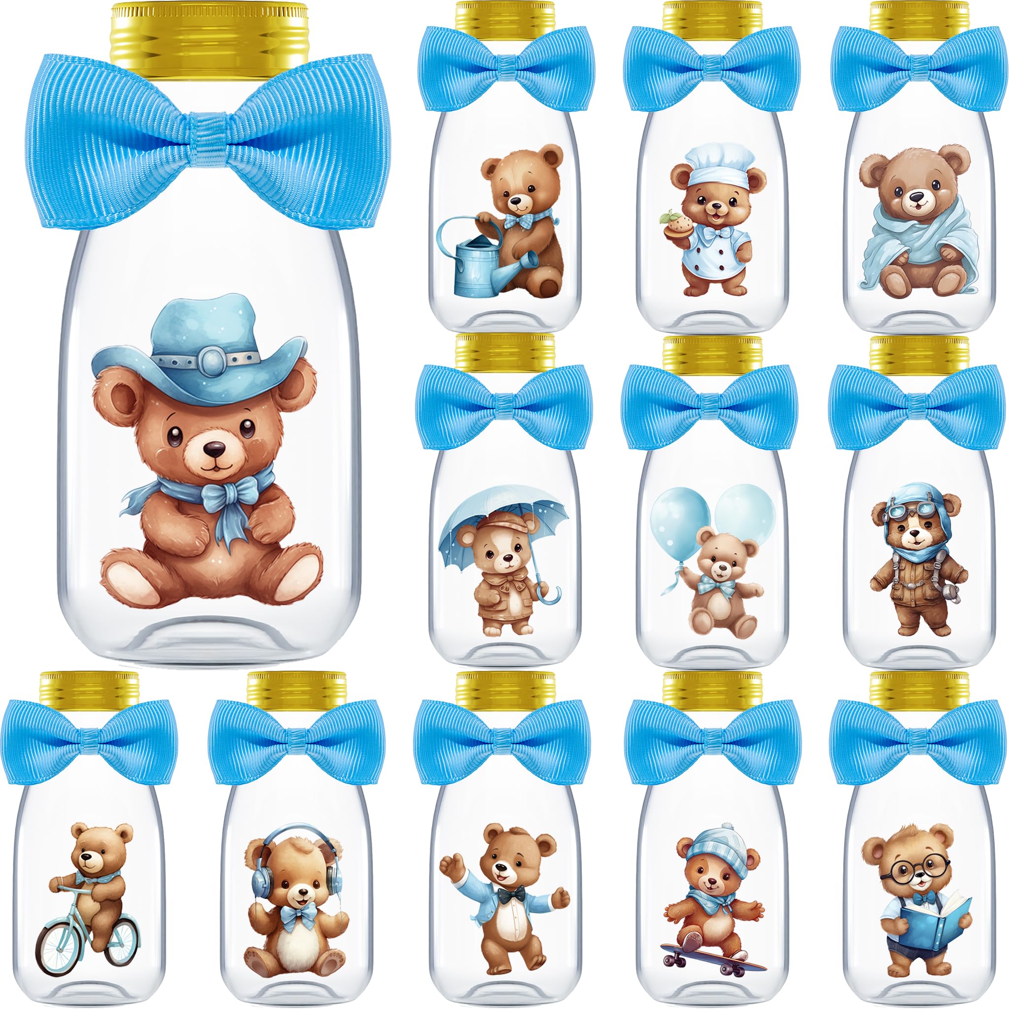Ethisa Small 12 Pack We Can Bearly Wait Party Favors for Boy - Candy Jars with Bowties and Stickers - DIY Party Decoration Bottl