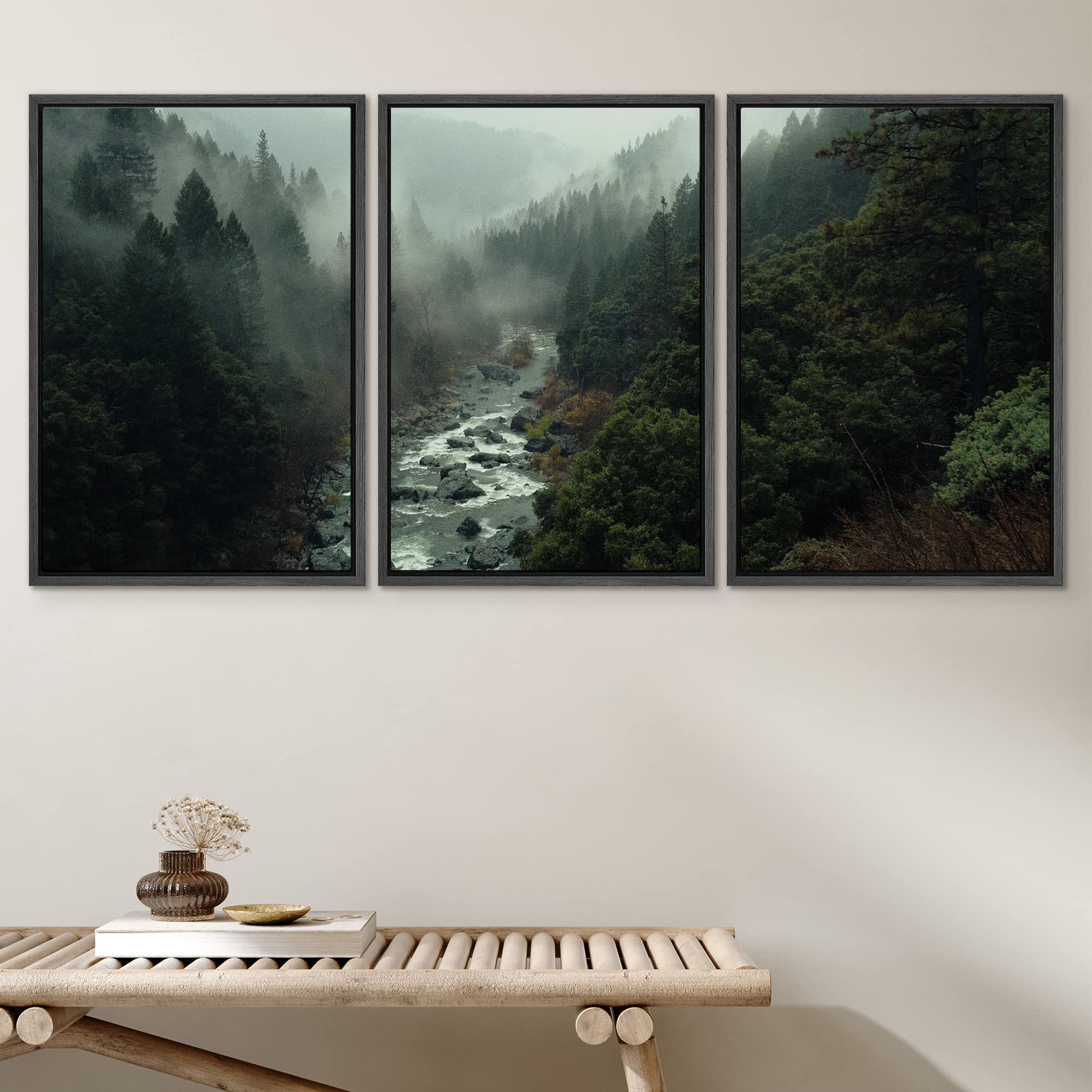 Signwin Cuadros De Pared De Sala, 3 Piece Framed Canvas Wall Art Woodland Nursery Decor Forest Rivers Canvas Prints Home Artwork