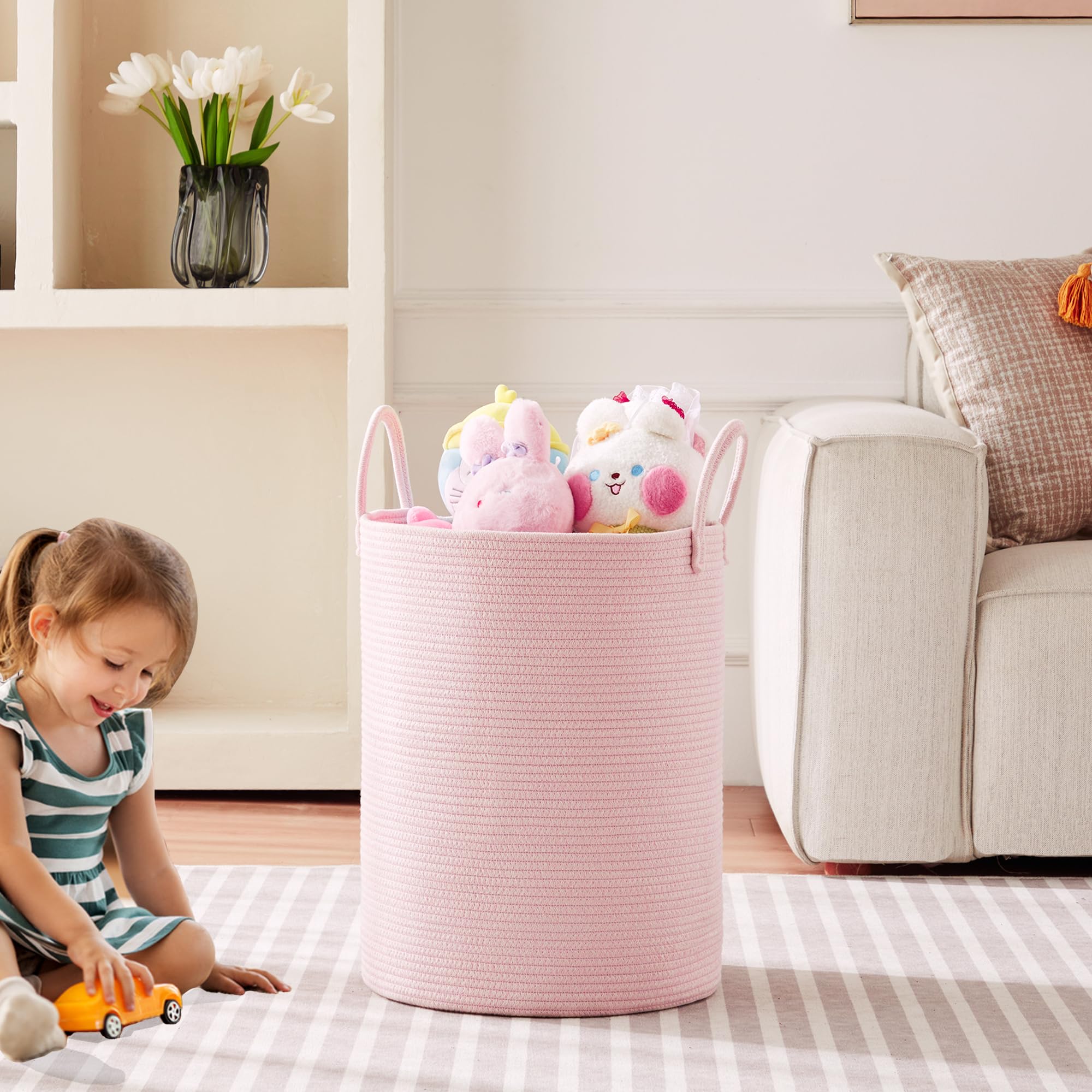 Mojoscend 60L Large Pink Laundry Hamper Basket For Grils Baby Nursery, 15Dx20H Inches Tall Toddler Clothes Hamper, Woven Rope Ha