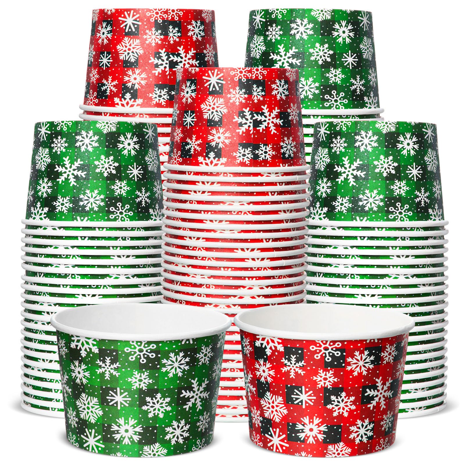 Jingmore 100 Pcs 8 oz Christmas Buffalo Plaid Treat Snack Cups Paper Red Green Plaid Ice Cream Bowl Disposable Paper Bowls Winte