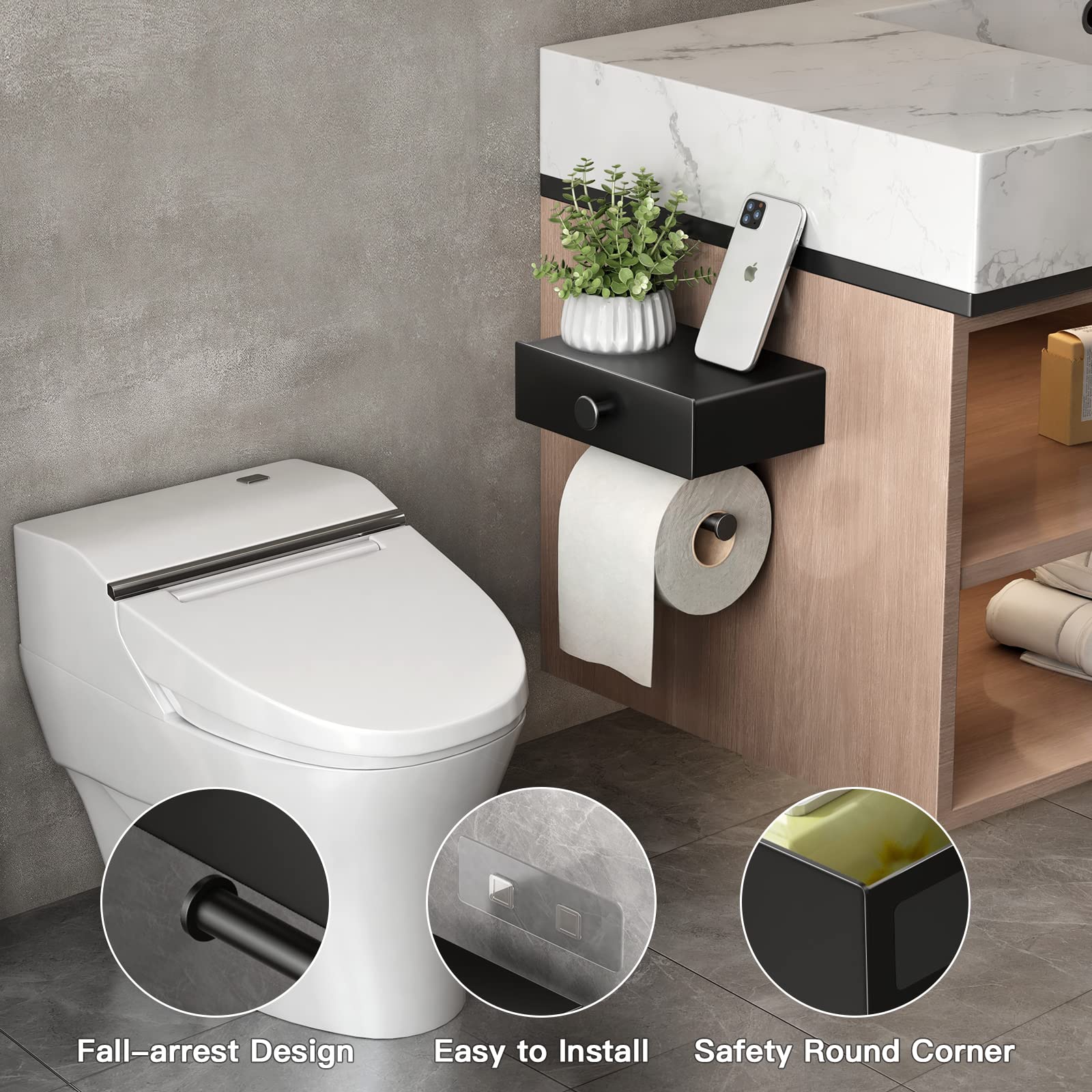 VOLDRA Toilet Paper Holder with Shelf Black Wipes Dispenser Bathroom Toilet Paper Holder with Storage Upgrade Drawer Design Toilet Tissue Holder Adhesive Small Bathroom Shelf Wall Mount