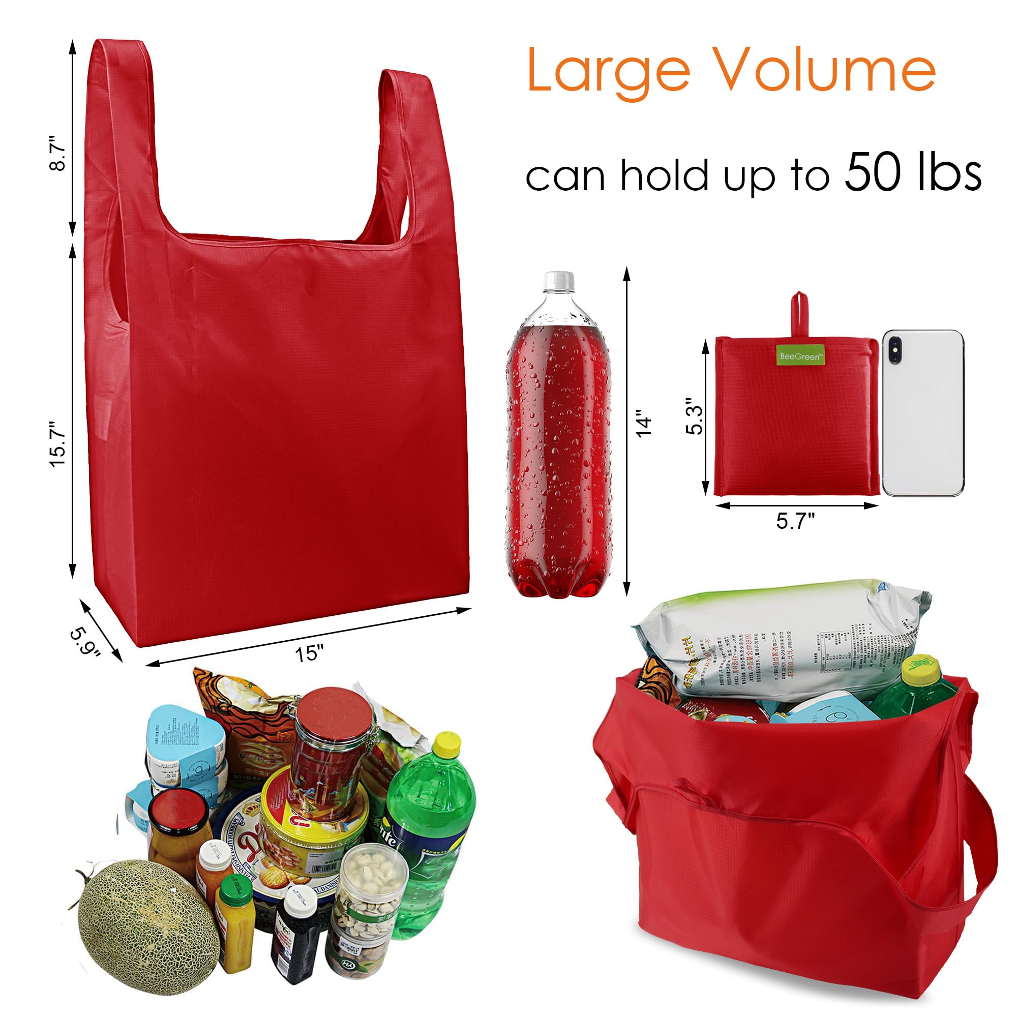 BeeGreen Christmas Red Reusable Grocery Bags Wholesale Red Reusable Kitchen Bags Bulk Foldable-Machine Washable with Zipper Stor