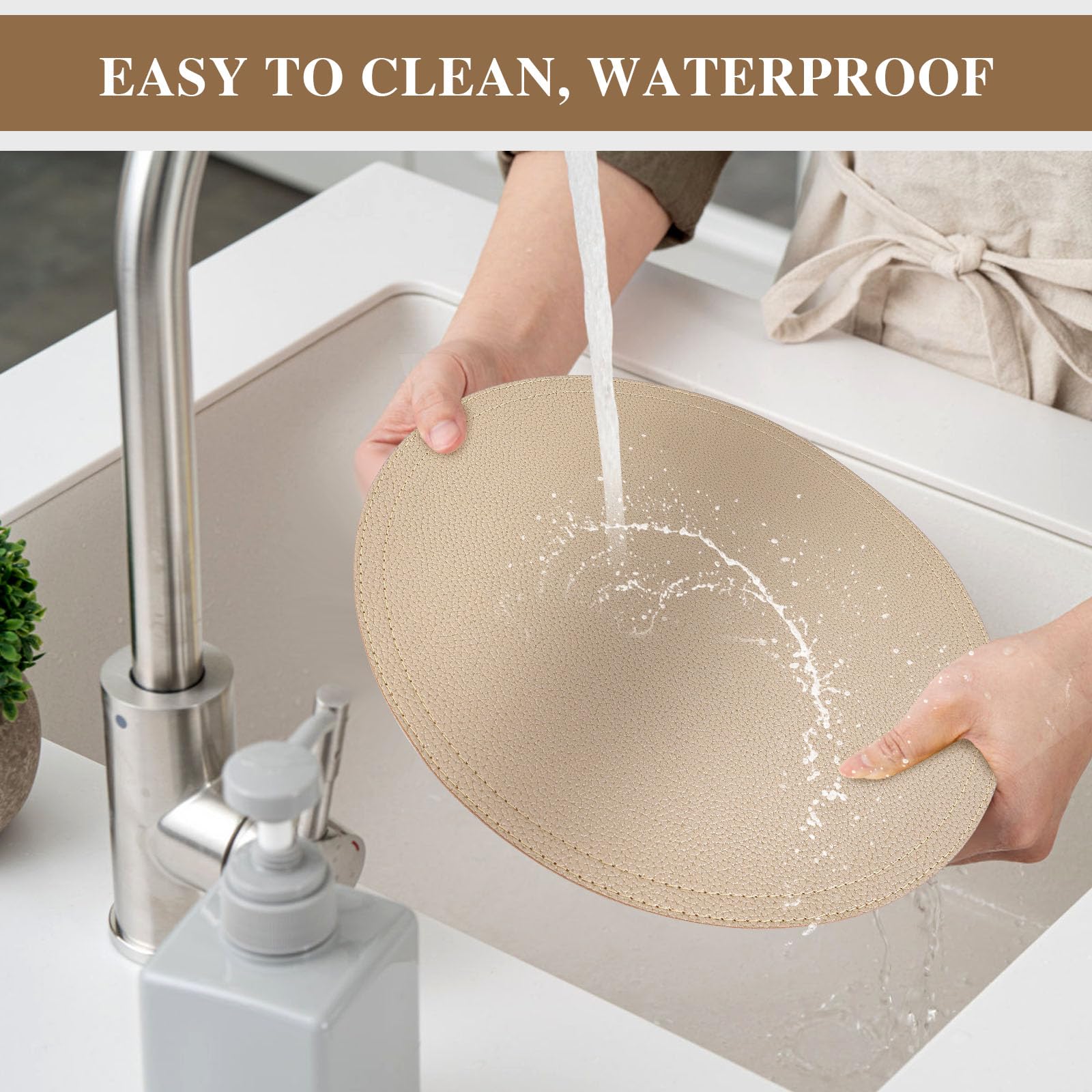 Set Of 8 Faux Leather Gold Round Placemats And Coasters, Coffee Mats Kitchen Table Mats, Waterproof, Easy To Clean For Kitchen D