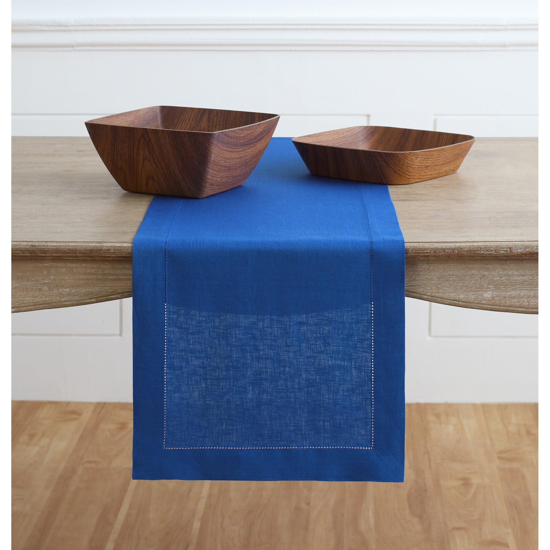 Solino Home Linen Royal Blue Table Runner 48 Inch - 100% Pure Linen Classic Hemstitch Short Table Runner 14 X 48 Inch Ideal For