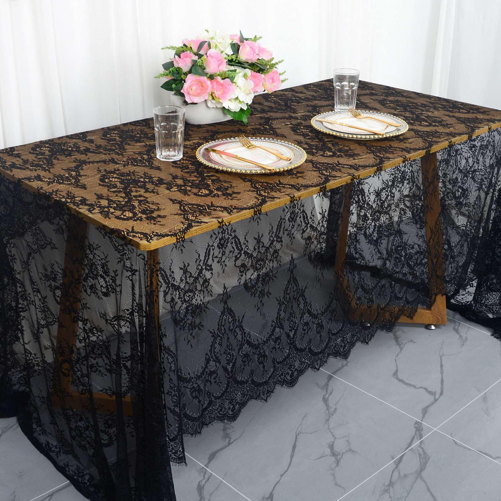 Vintage-Lace-Tablecloth 60X120-Inch 1 Pack Black Lace Rectangle Tablecloth Lace Boho Print Tablecloth Lace Overlay Tablecloth La