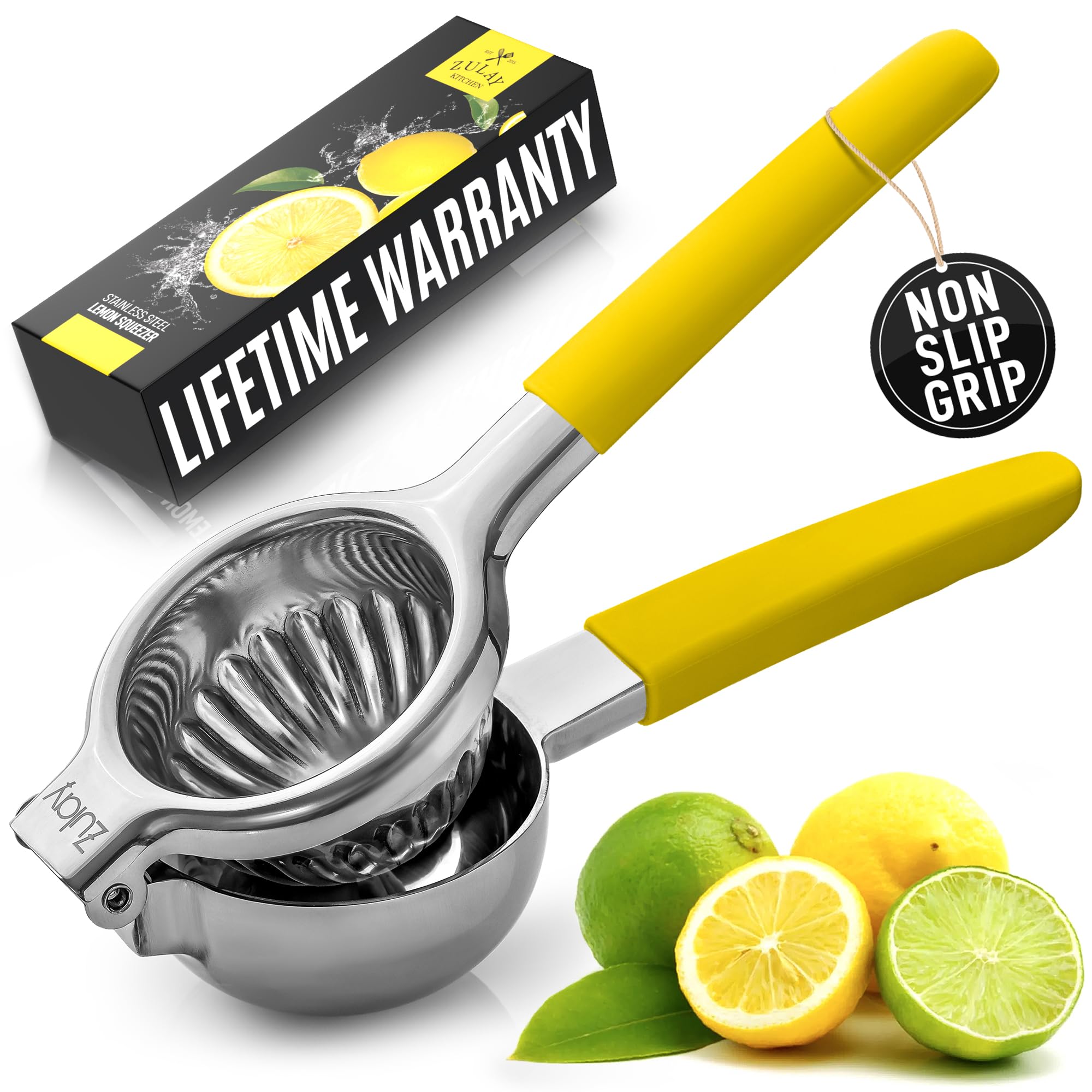 Zulay Lemon Squeezer Stainless Steel With Premium Heavy Duty Solid Metal Squeezer Bowl And Food Grade Silicone Handles - Large M