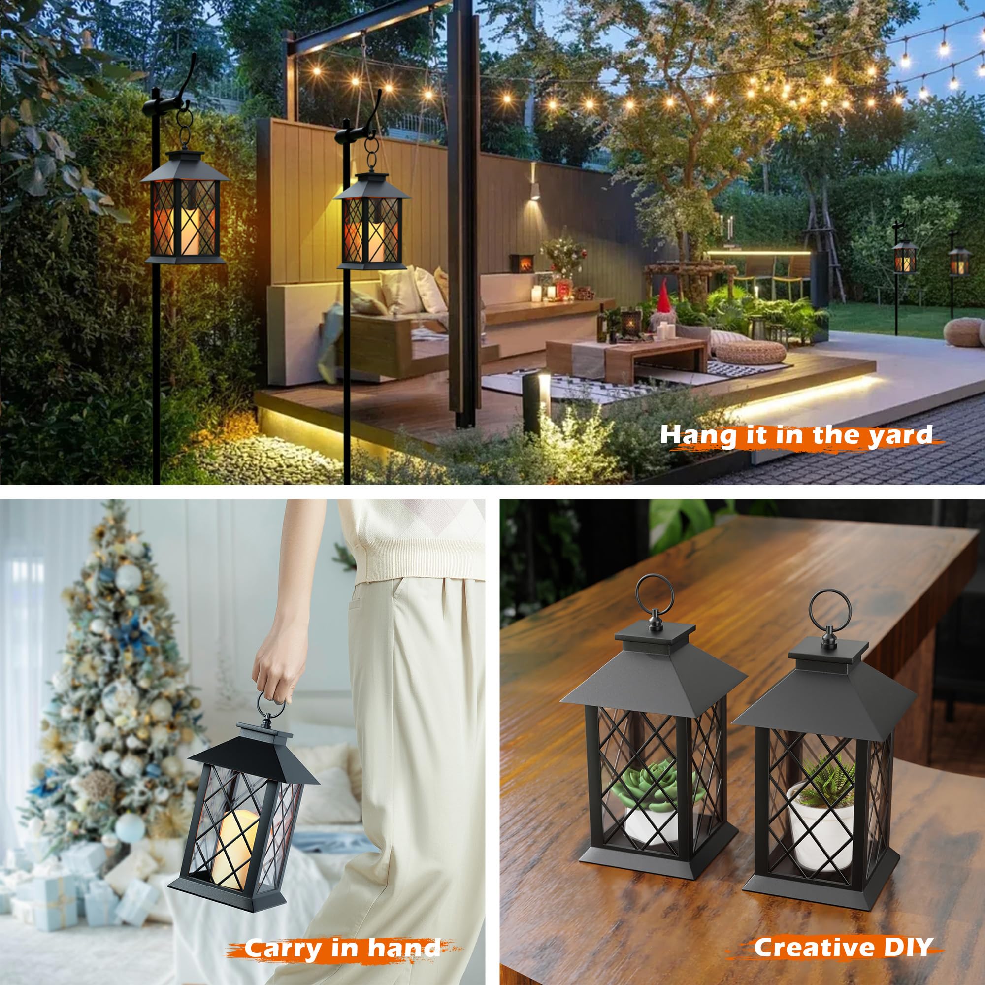 AFINETH 13.4 Lanterns Decorative Indoor, Black Lantern Decor with Timer Flickering Candle, Diamond-shaped Outdoor Lanterns, Wate