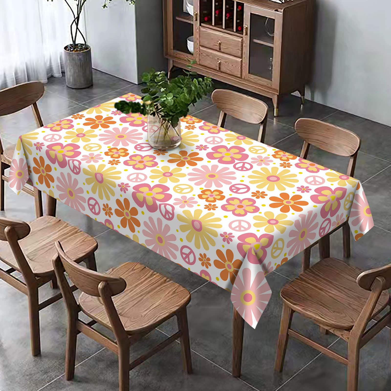Hafangry Groovy Tablecloth Retro Hippie Boho Party Decorations Daisy Flower Party Table Cover Seasonal Country Farmhouse Rectang