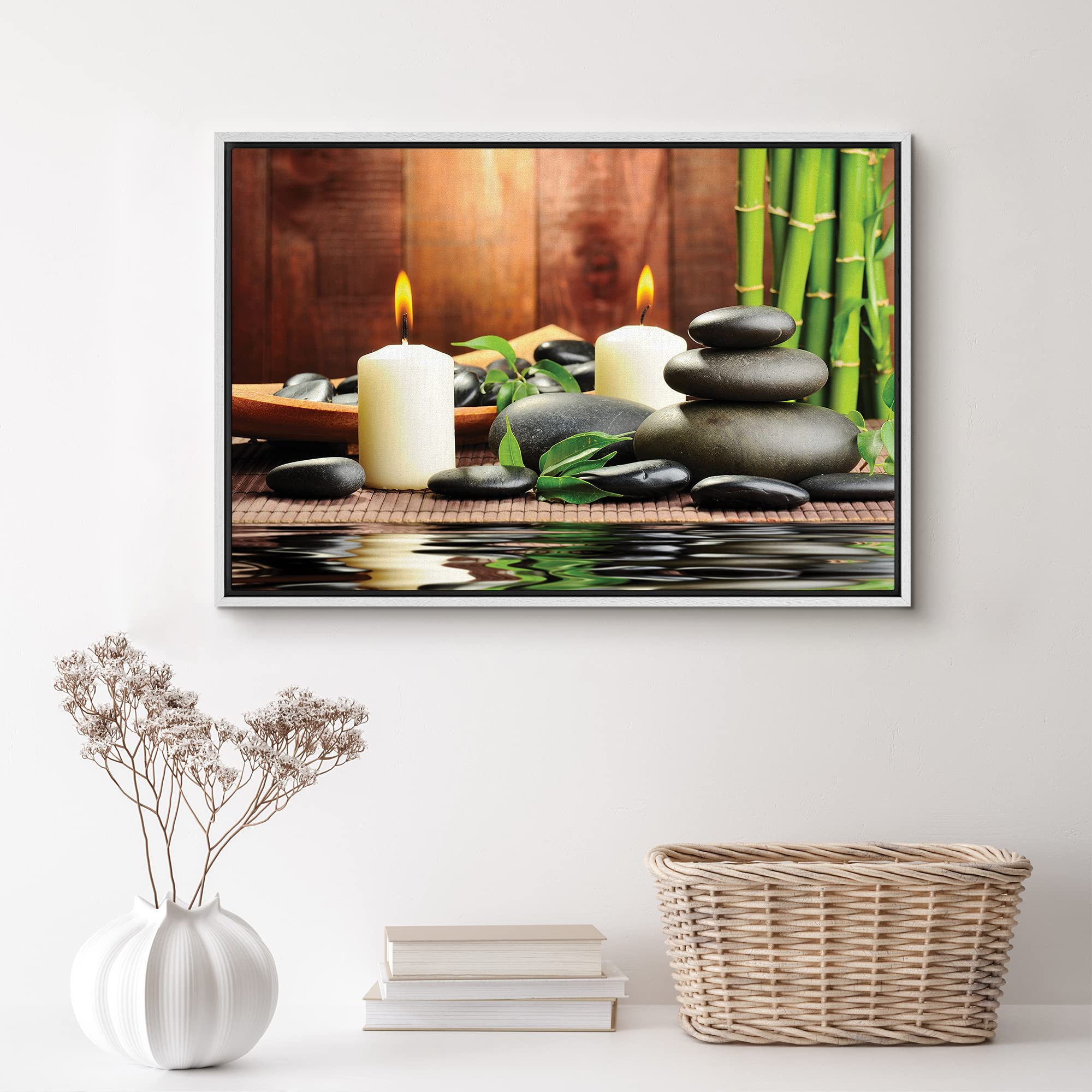 Signford Canvas Print Wall Art Yoga Stones & Candle Duo With Bamboo Floral Plants Photography Modern Art Rustic Group Colorful U