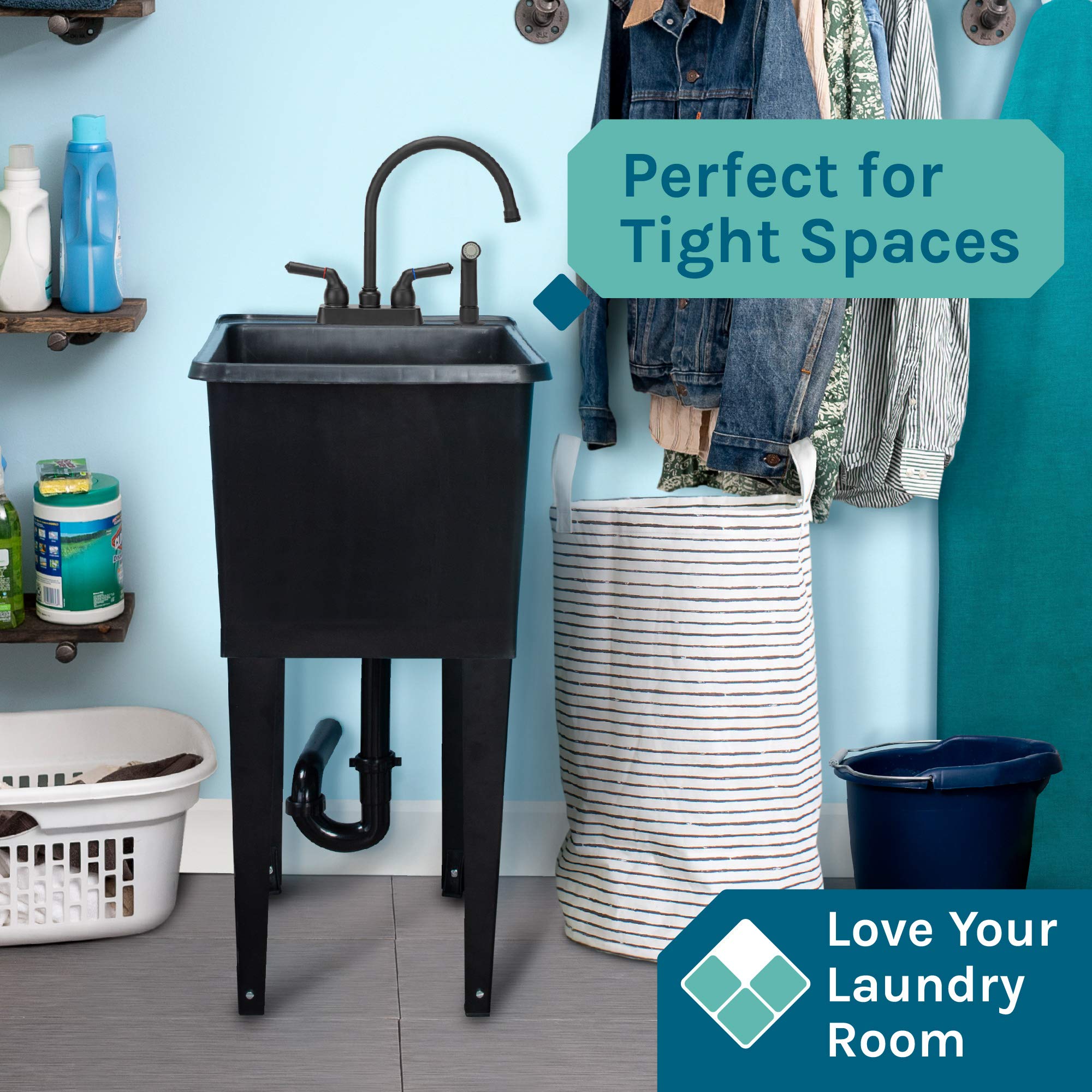 Black Space Saver Utility Sink By Js Jackson Supplies, Freestanding Tehila Space Saving Laundry Tub, Black Gooseneck Faucet With
