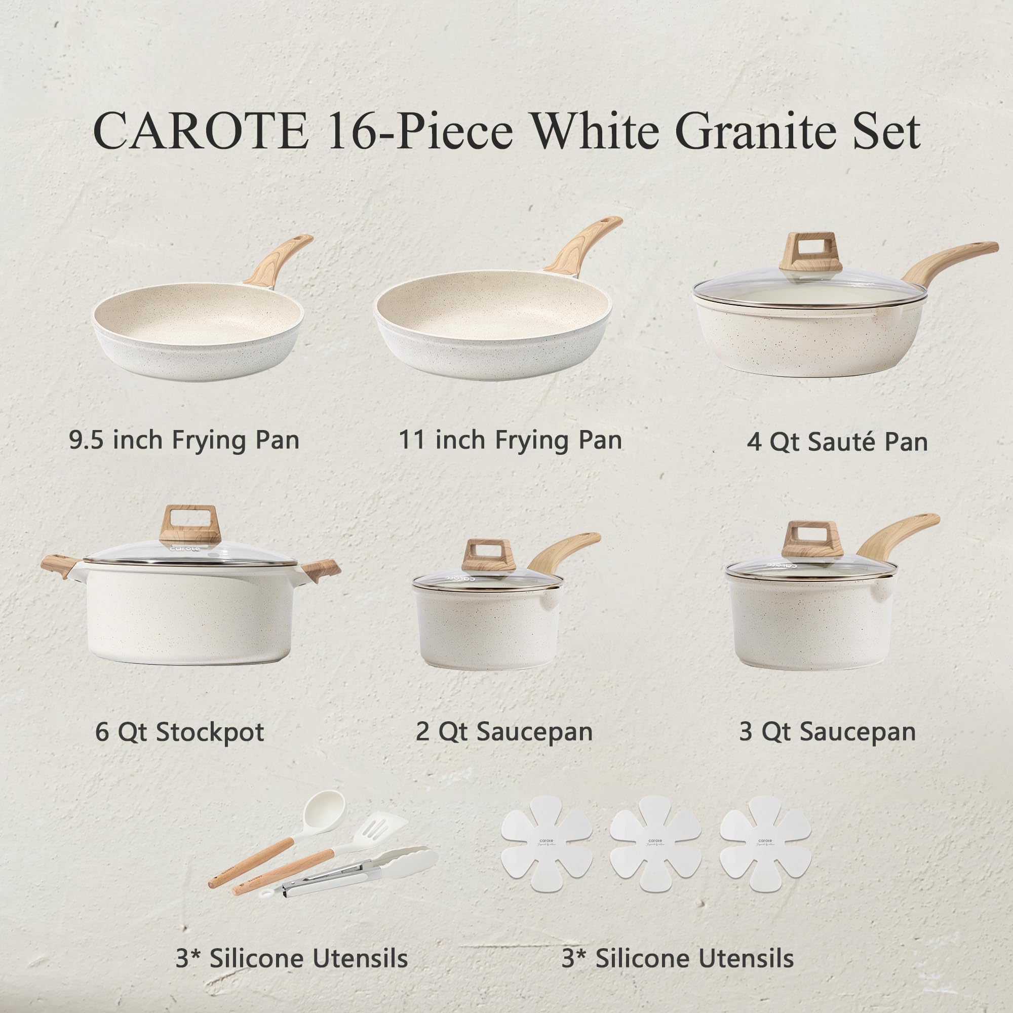 CAROTE 16 Piece Pots and Pans Set Nonstick, White Granite Cookware Sets Induction Cookware, Non Stick Cooking Set w/Frying Pans