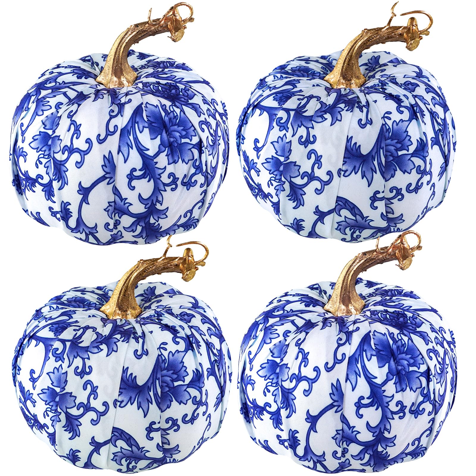 Winlyn 4 Pcs Faux Decorative Blue and White Fabric Pumpkins Chinoiserie Chic Pumpkins Foam Pumpkins for Gifts Farmhouse Thanksgi
