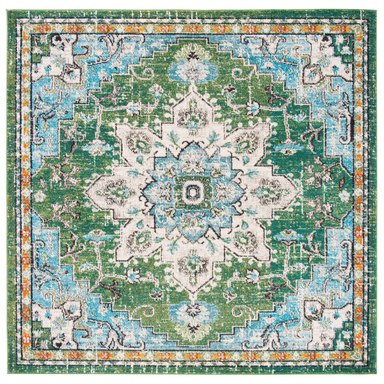 SAFAVIEH Madison Collection 12 Square Green / Turquoise MAD473Y Boho Chic Medallion Distressed Non-Shedding Living Room Dining 