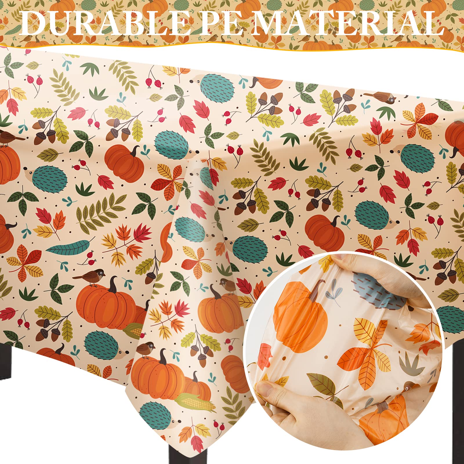 Cakka Thanksgiving Tablecloth Plastic 54X108 Inch, 3 Pack Disposable Fall Pumpkin Table Cover, Orange Marple Leaf Rectangle Autu