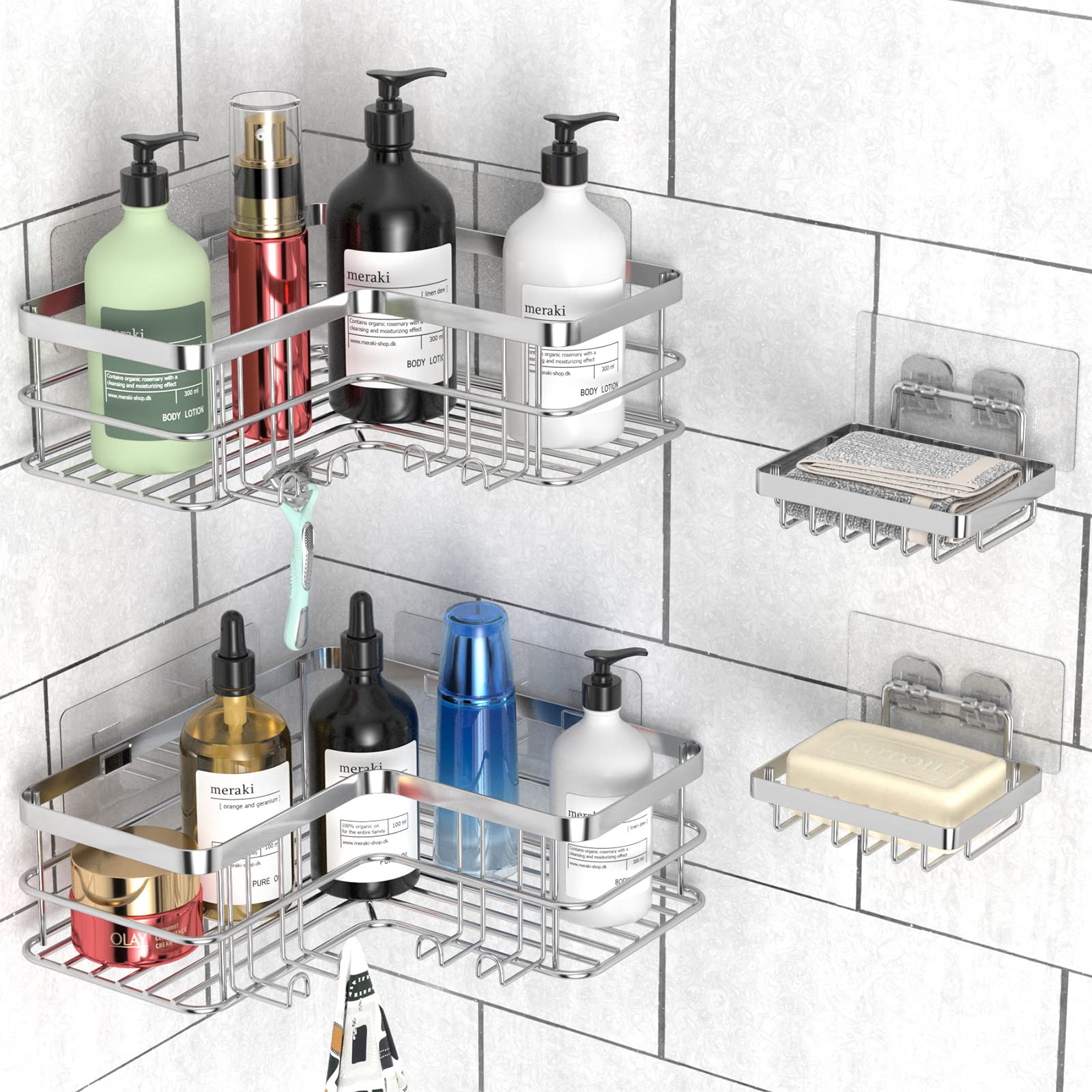 Yazoni Corner Shower Caddy, 4-Pack Adhesive Shower Shelves With Soap Holder No Drilling, Rustproof Stainless Steel Bathroom Show