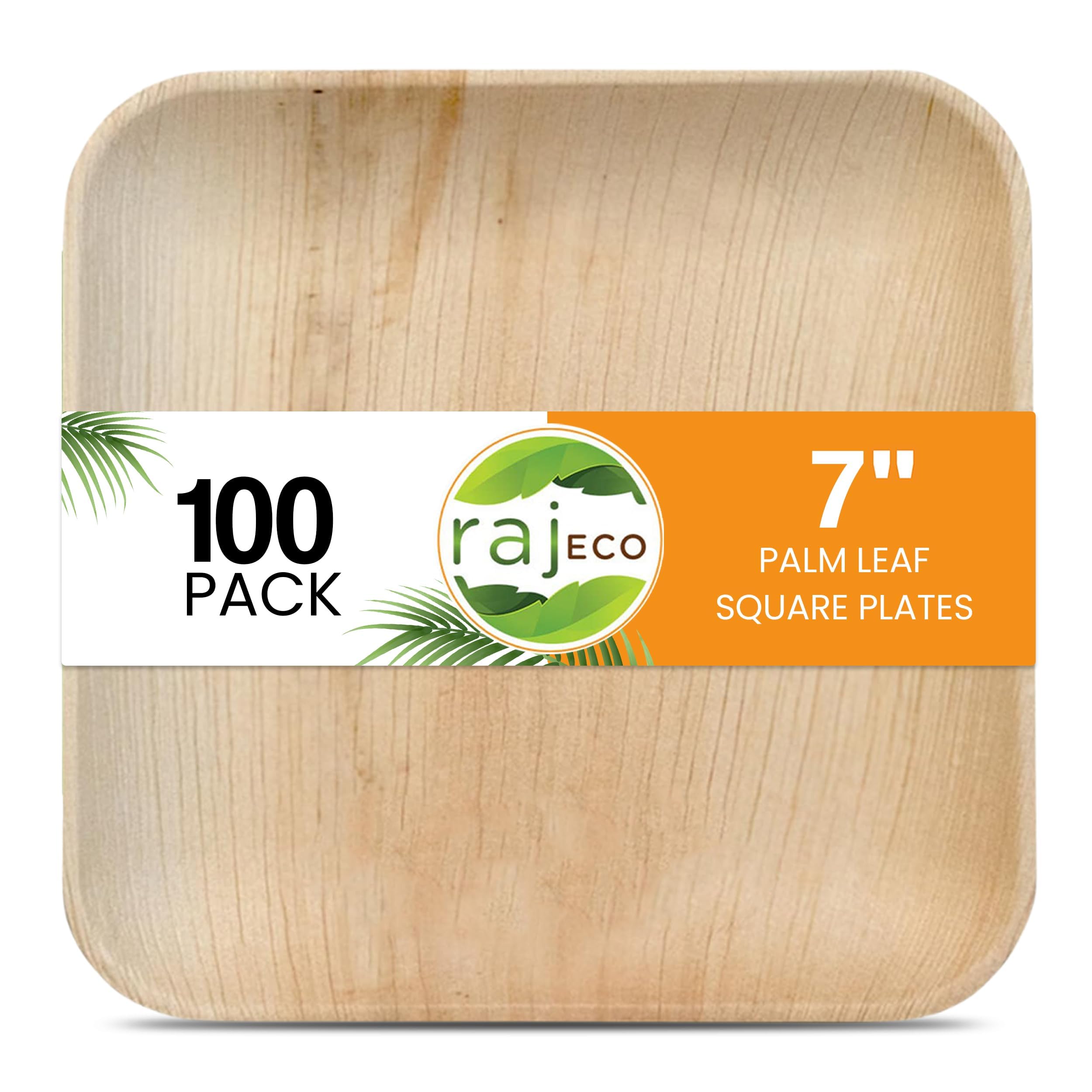 Raj Palm Leaf Plates [100-Pack] 7 Square Plates like Bamboo plates Disposable, Strong, Decorative Compostable Tableware for wedd