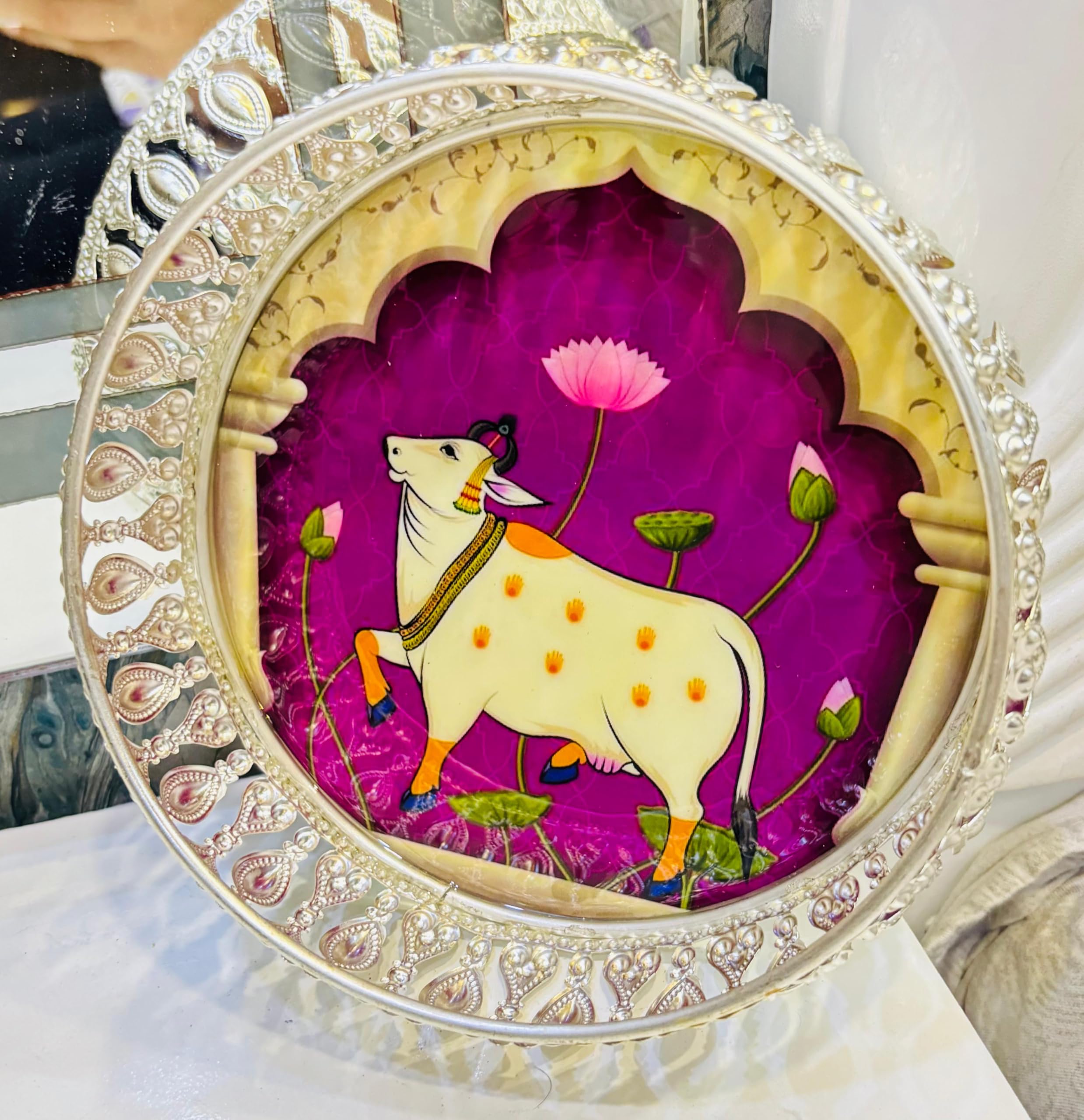 Design Magnifique German Silver Pichwai Tray Wedding Return Gift Set Diwali Puja (Purple, Silver: 6 Inch)