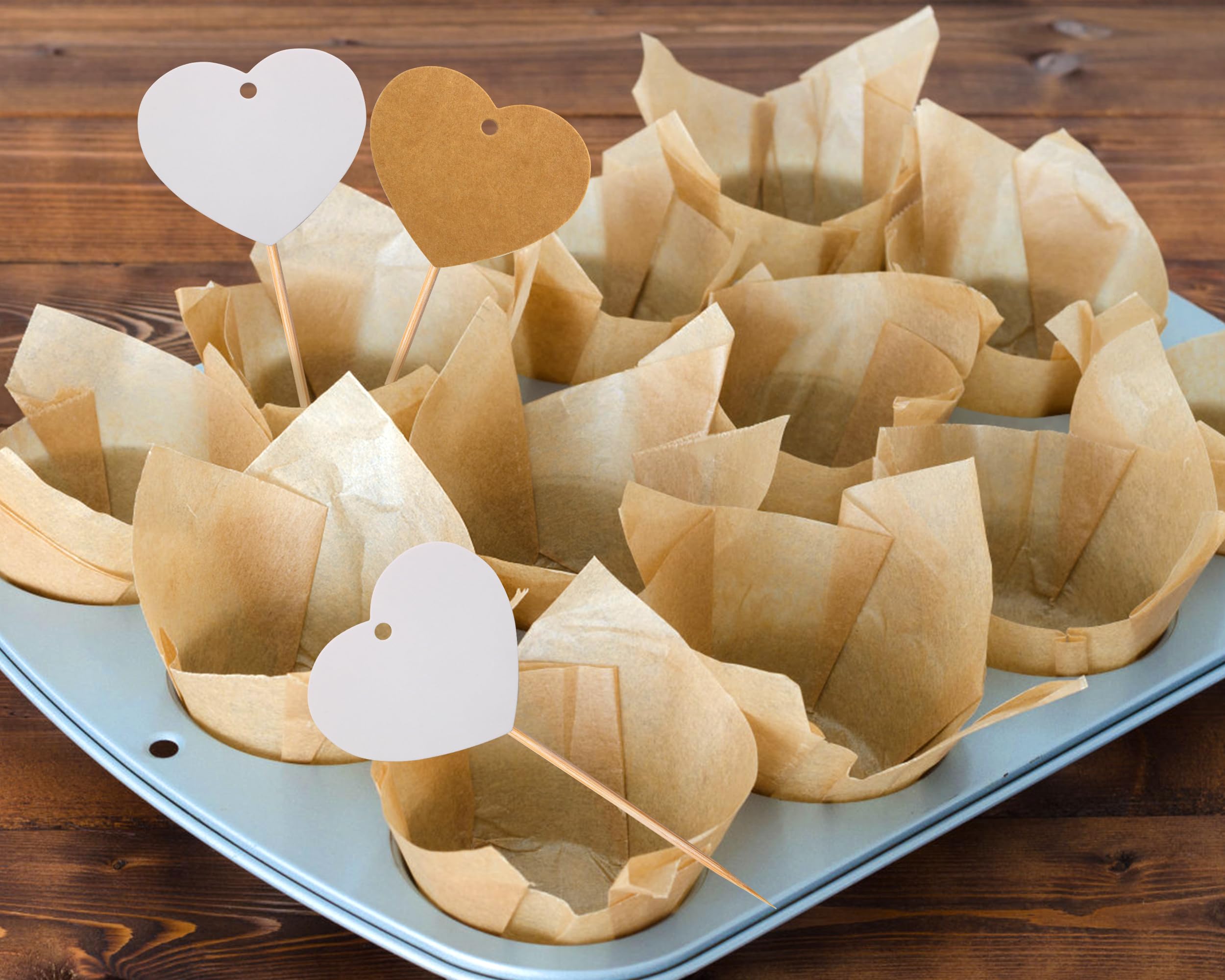 Blue Top 2 In 1 100Pcs Tulip Cupcake Liners And 50Pcs Diy Heart Cake Topper Set, Muffin Cupcake Cups, Cupcake Baking Cups, Perfe