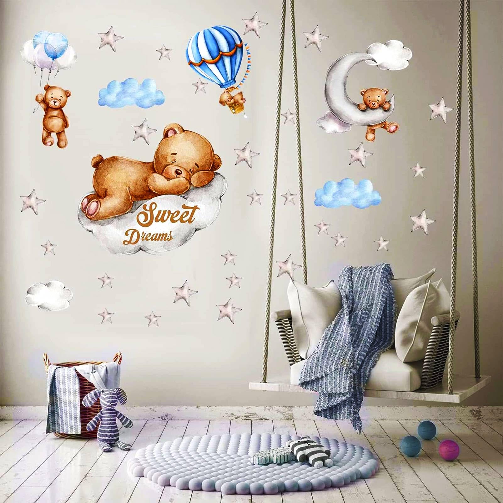 Tedy Bear Sleeping On The Moon And Stars Wall Stickers For Kids Baby Room Decor Sweet Dream Moon Hot Air Star Baby Nursery Decor