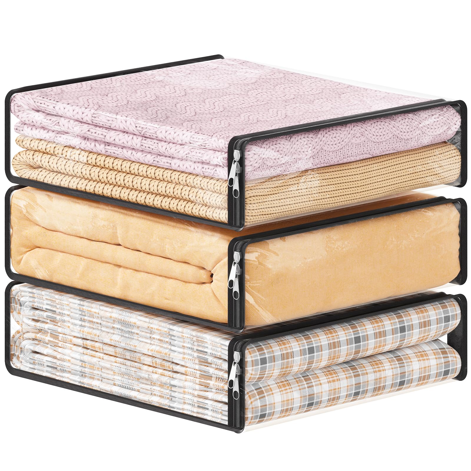 Lifewit 14L Clear Sheet Storage Bags with Zipper 3 Pack, Plastic Sweater Storage Bins for Clothing, Vinyl Foldable Clothes Conta