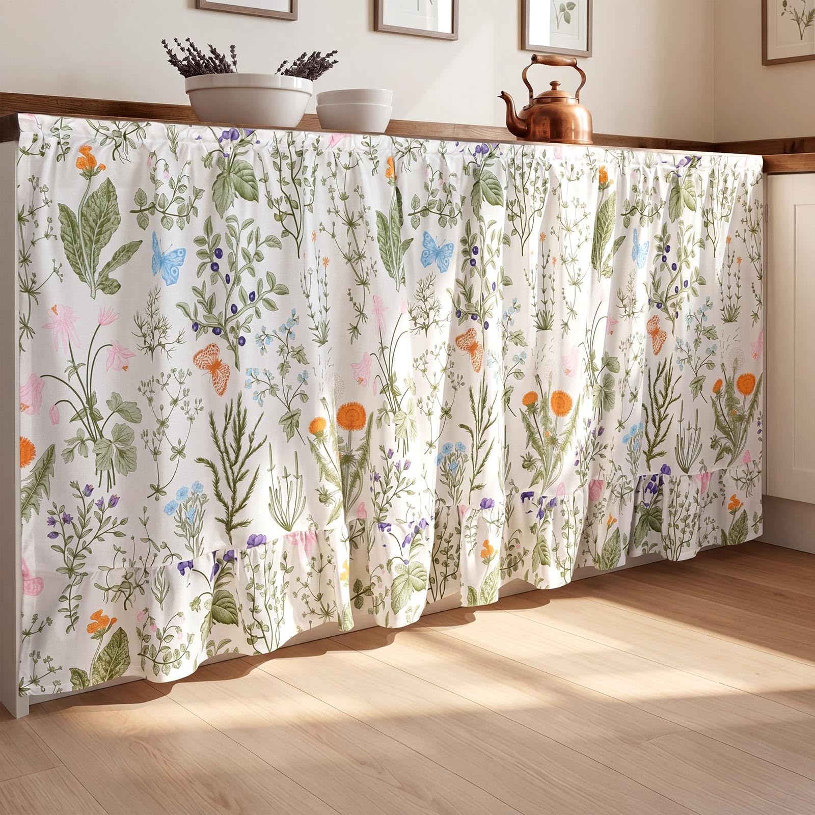 VitalCozy Cabinet Curtain 28 W x 51 L Sink Skirt for Bathroom Kitchen Wildflower Botanical Ruffles Spring Short Curtain for Home