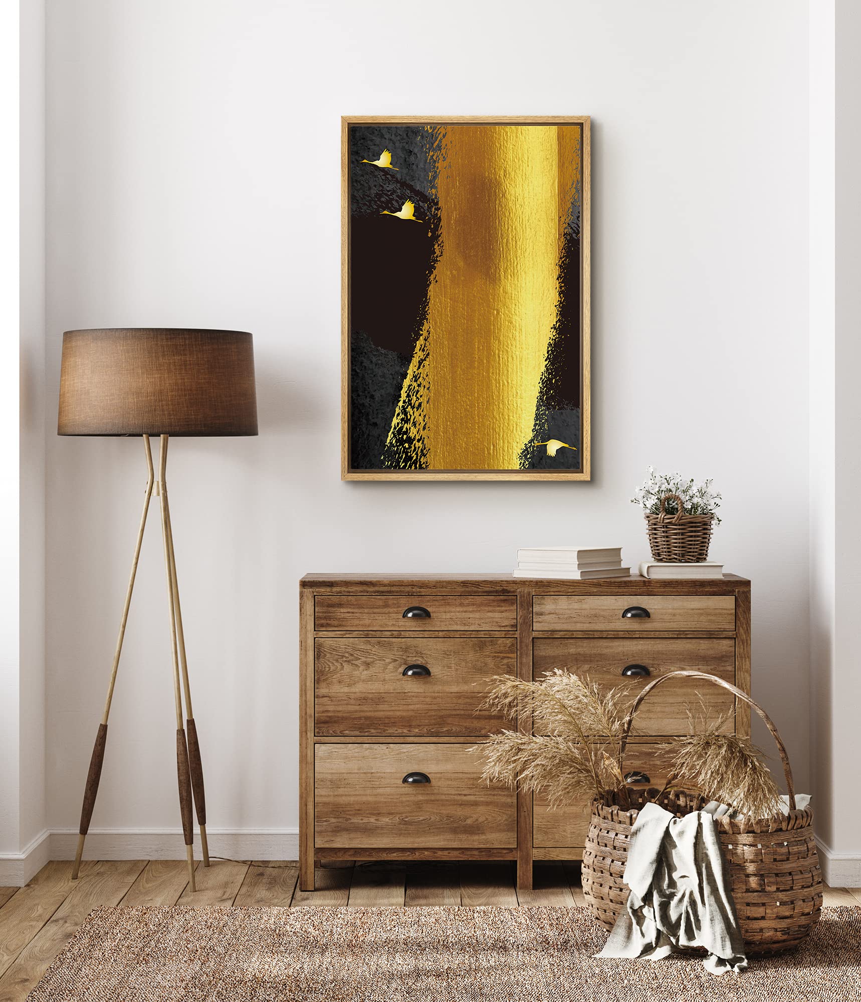 Signford Canvas Print Wall Art Gold Foil Paint Stroke With Geese Abstract Shapes Illustrations Modern Art Alternative Colorful D