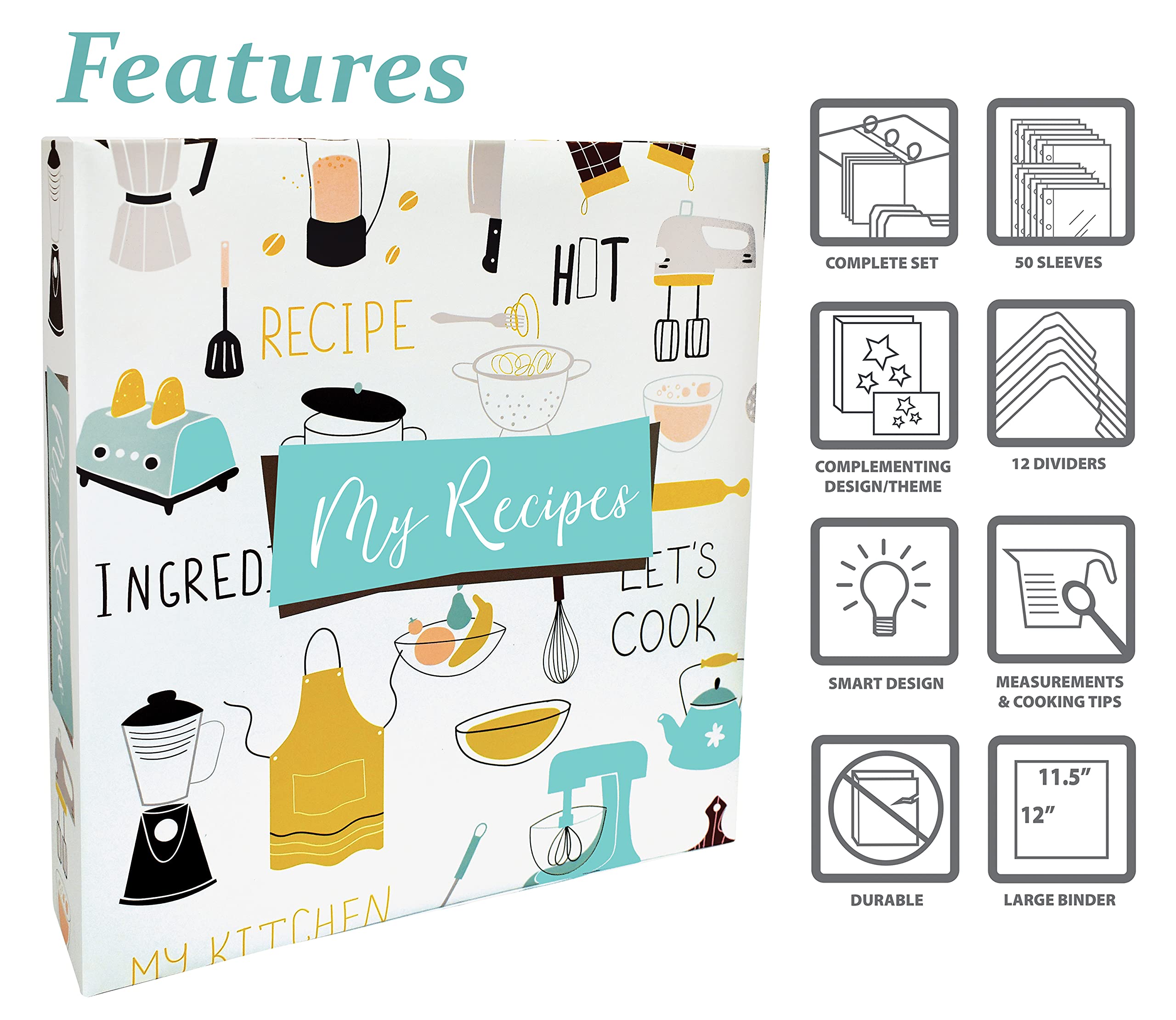 Recipe Binder  Full Page 3 Ring Standard Binder Organizer Set (with 50 Page Protectors & 12 Category Divider Tabs) by Better Kitchen Products  11.5'' x 12'' Vintage Kitchen Design