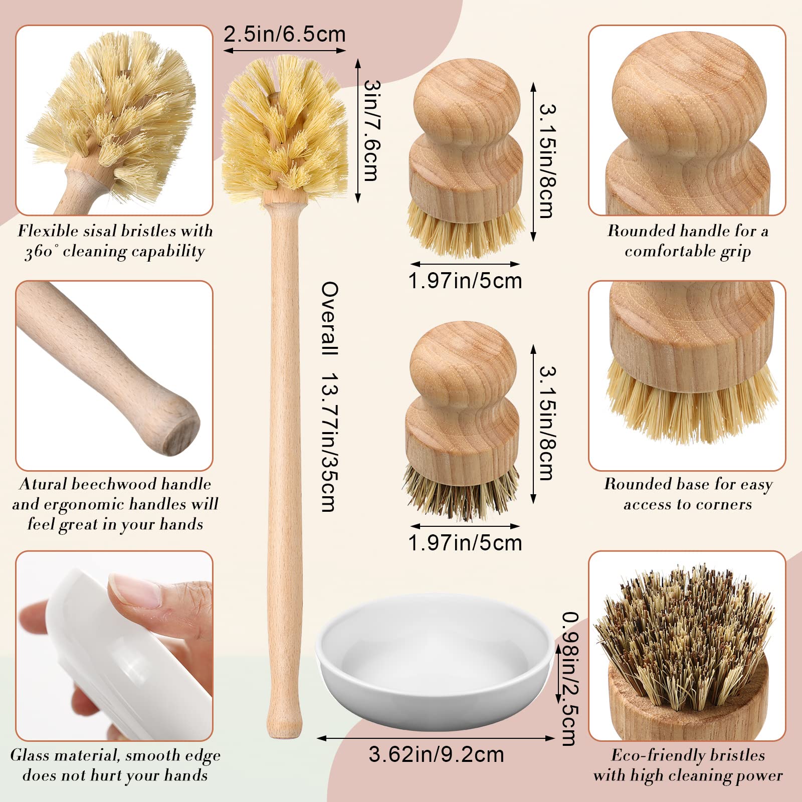 10 Pieces Wooden Dish Brush Set Bamboo Dish Brush Wood Bottle Brush With Replacement Heads For Dishes, Wide Mouth Bottles, Cups