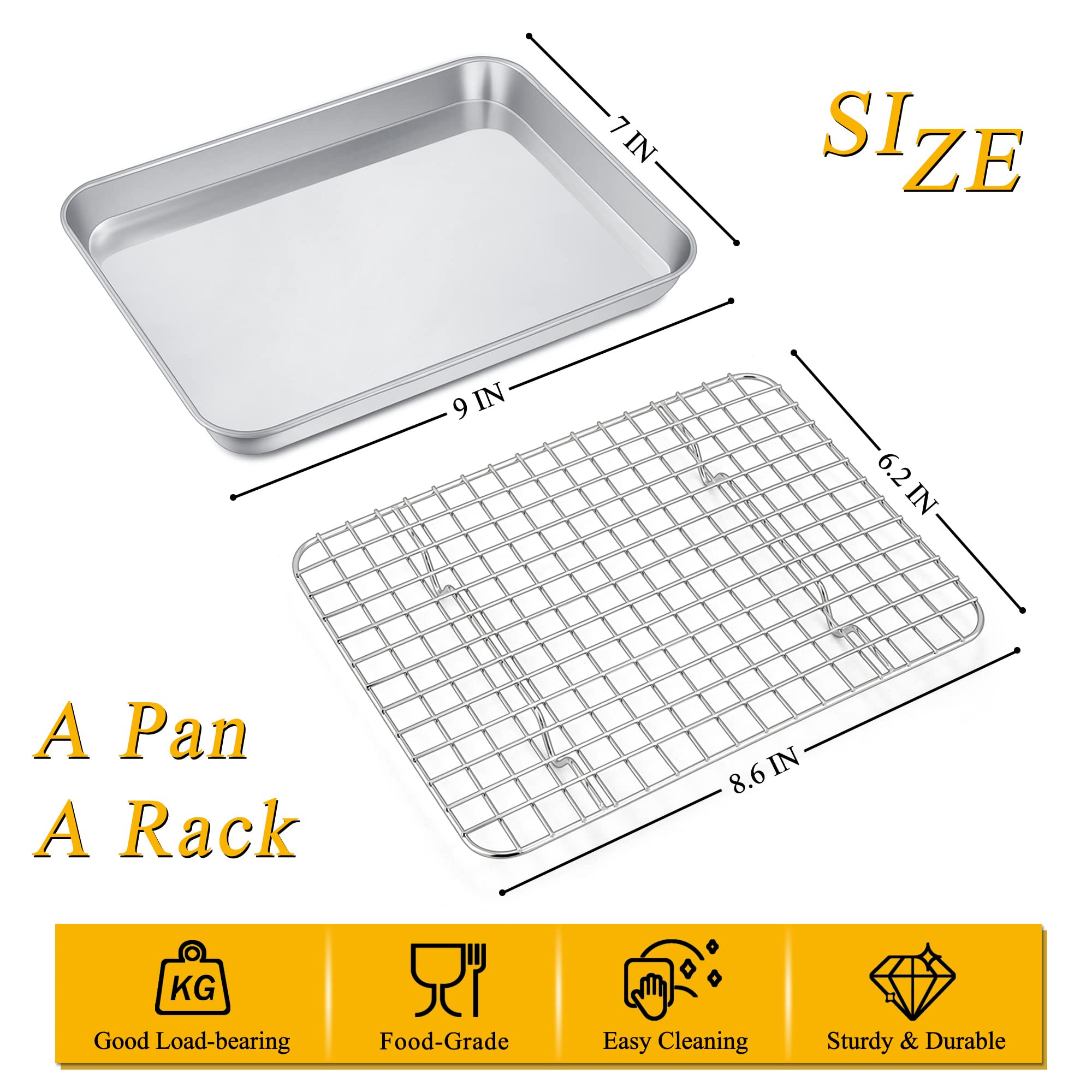 9 Inch Mini Toaster Oven Pan With Rack Set, P&P Chef Stainless Steel Small Baking Pan Tray And Grid Cooling Rack For Cooking/Roa