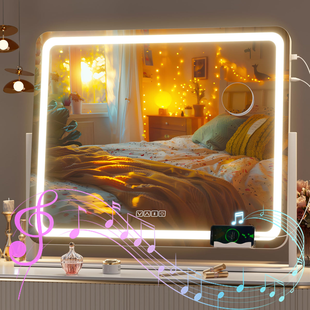 Hasipu Vanity Mirror With Lights And Bluetooth Speaker, 23.6'' X 19.7'' Led Makeup Mirror, Light Up Mirror With 10X Magnificatio