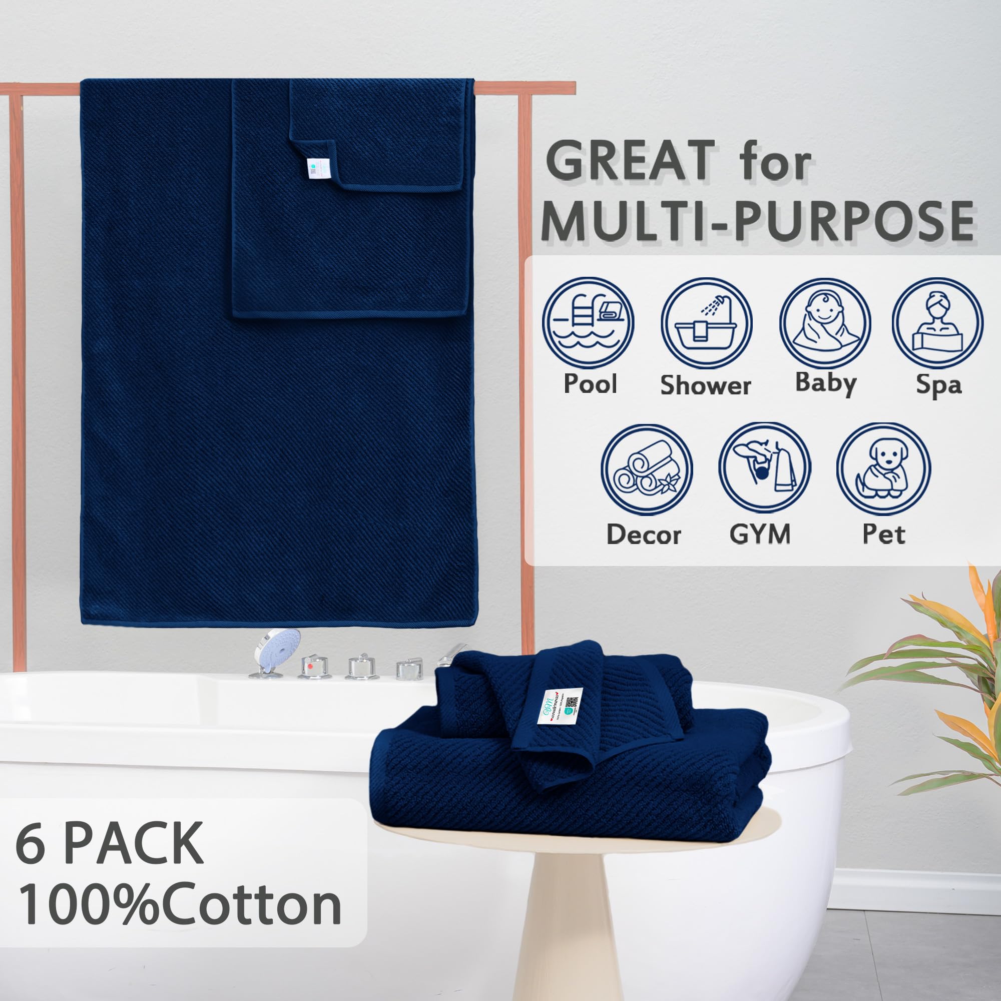 Navy Blue Bathroom Towels - 100% Cotton | Quick Dry | Light Weight | Thick | Soft , Towel Set Of 6, 2 Large Bath Towels 30''X56'