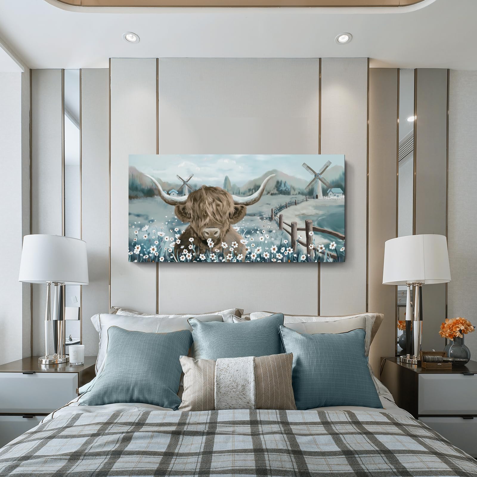 Large Highland Cow Wall Art For Living Room Animal Canvas Print Rustic Farmhouse Cow Picture Cattle In The White Daisy Flower Bu