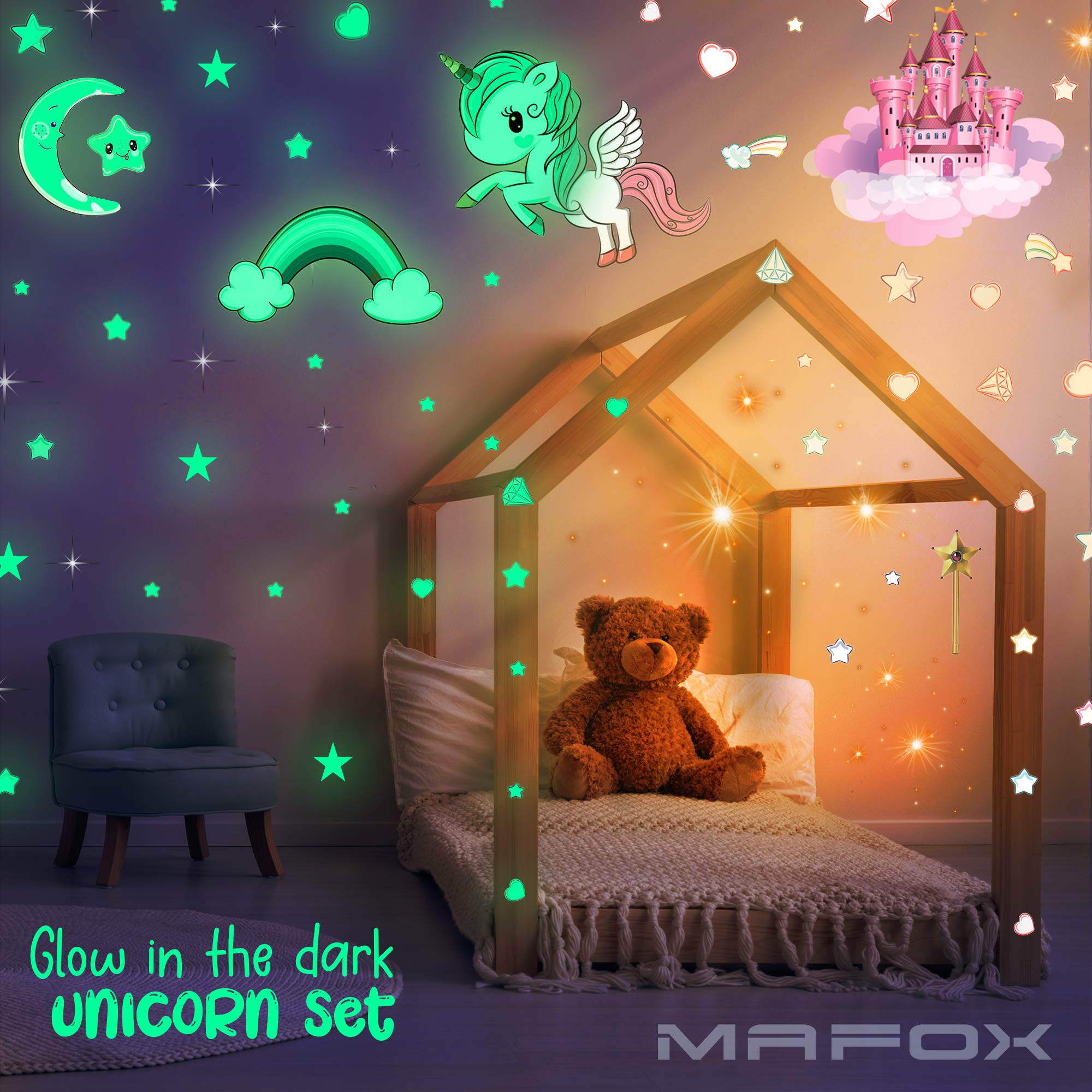 Glow In The Dark Stars, Glowing Unicorn Sets With Castle Moon And Rainbow Wall Decals For Kids Bedding Room, Great For Birthday