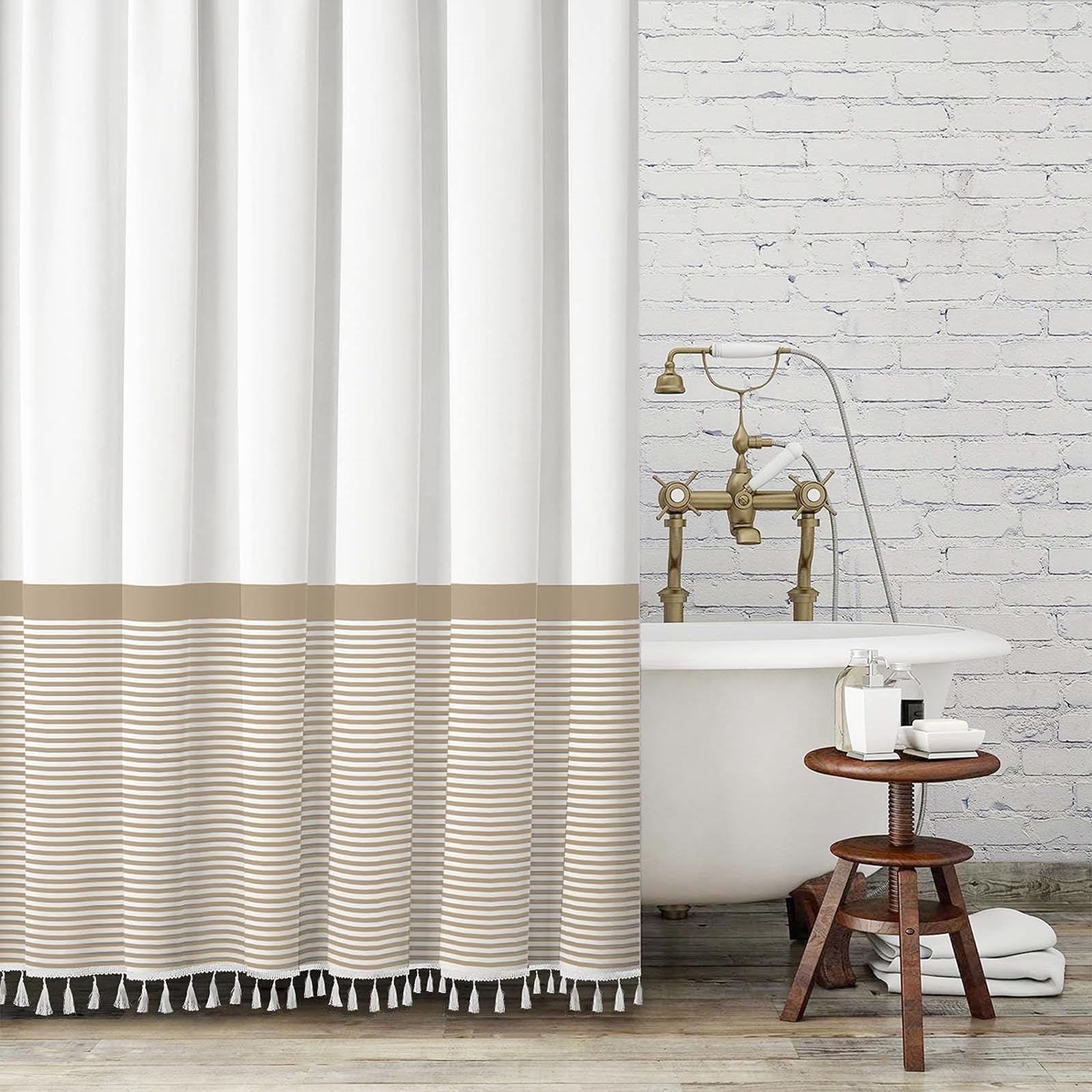 Beige Shower Curtain White Striped Tassel Shower Curtains For Bathroom Neutral Shower Curtain Set With Hooks, Water Repellent, W