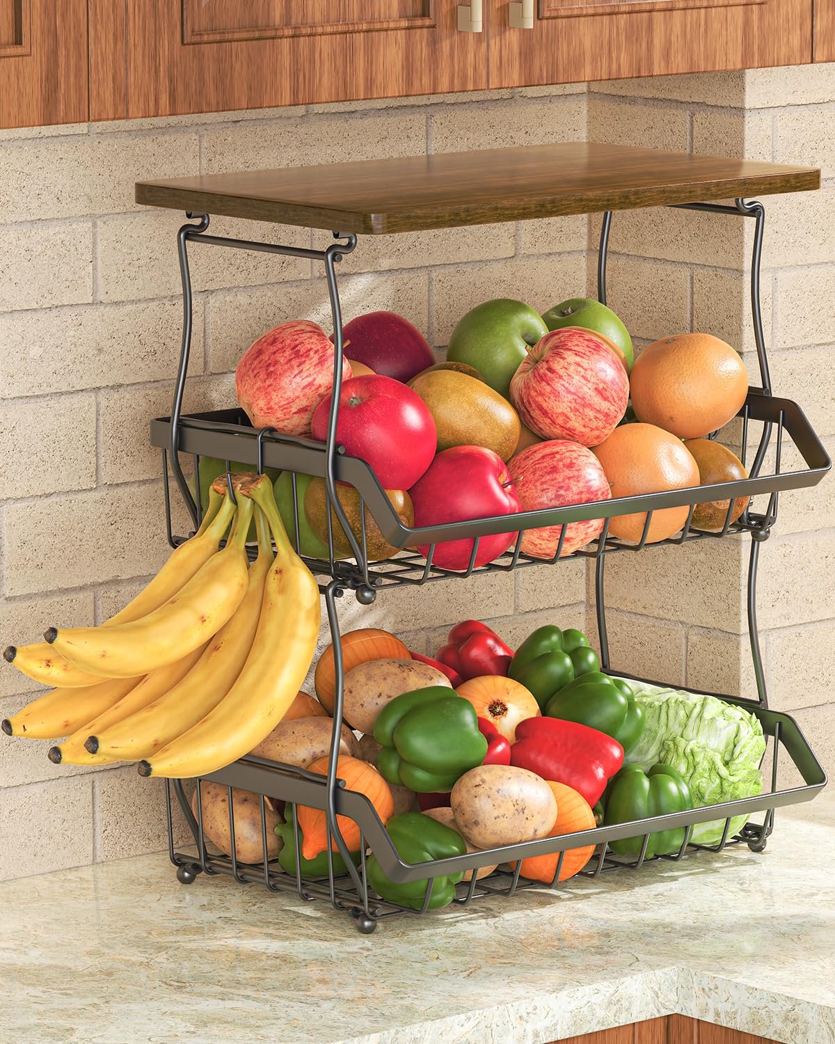 XYZLVSI 3 Tier Countertop Fruit Basket Bread Bowl with 2 Banana Hangers