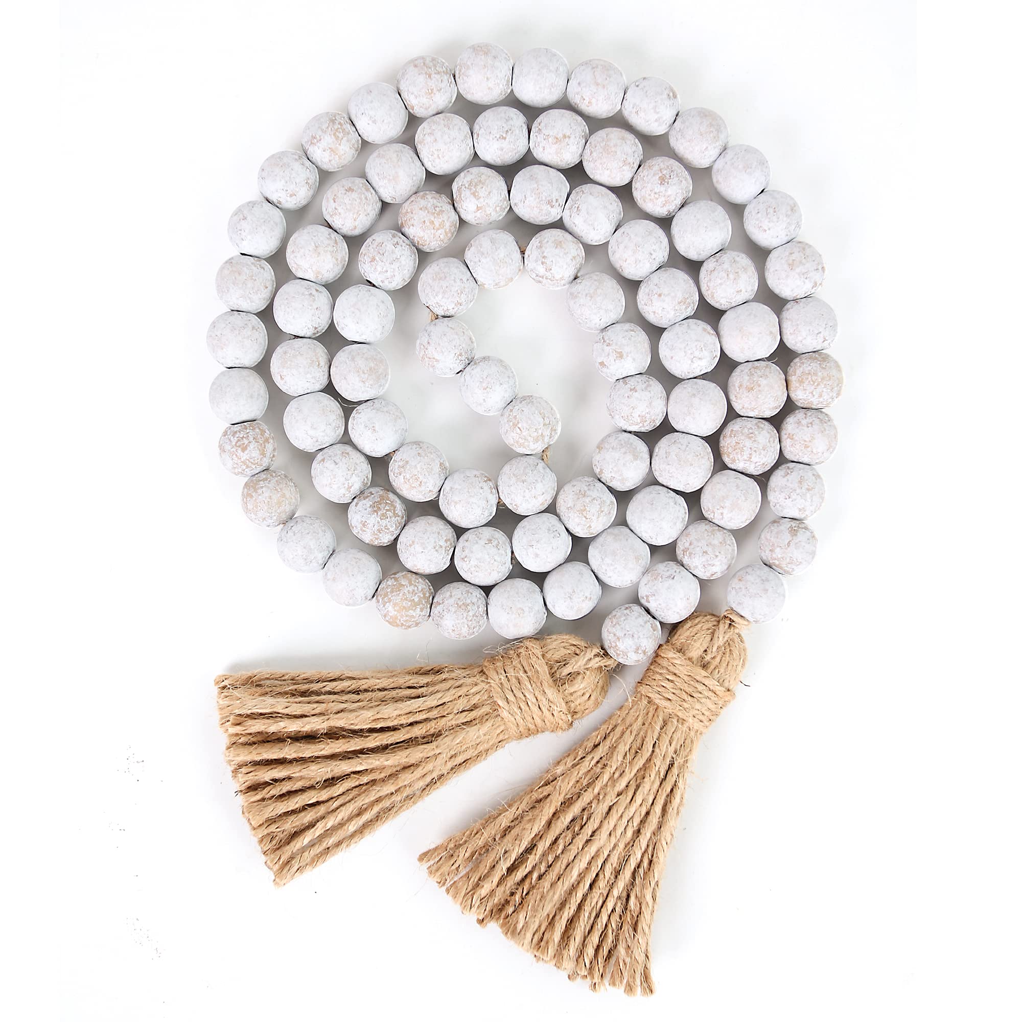 58in Wood Bead Garland with Tassels, Farmhouse Rustic Country Decor Prayer Boho Wall Hanging Decoration (Whitewash)