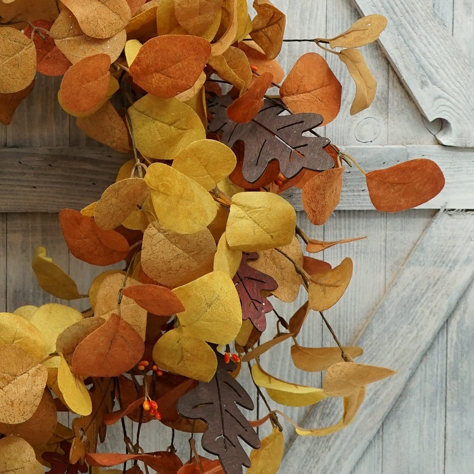 AMF0RESJ Artificial Fall Wreath for Front Door Autumn Eucalyptus Wreath with Orange Eucalyptus Leaves,Woodern Oak Leaves for Far