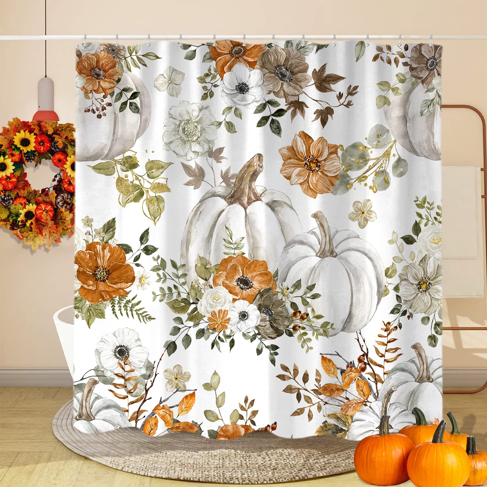 Cute Fall Pumpkin Shower Curtain, Autumn Thanksgiving Watercolor Teal Pumpkin Fabric Shower Curtains Set For Bathroom Decoration